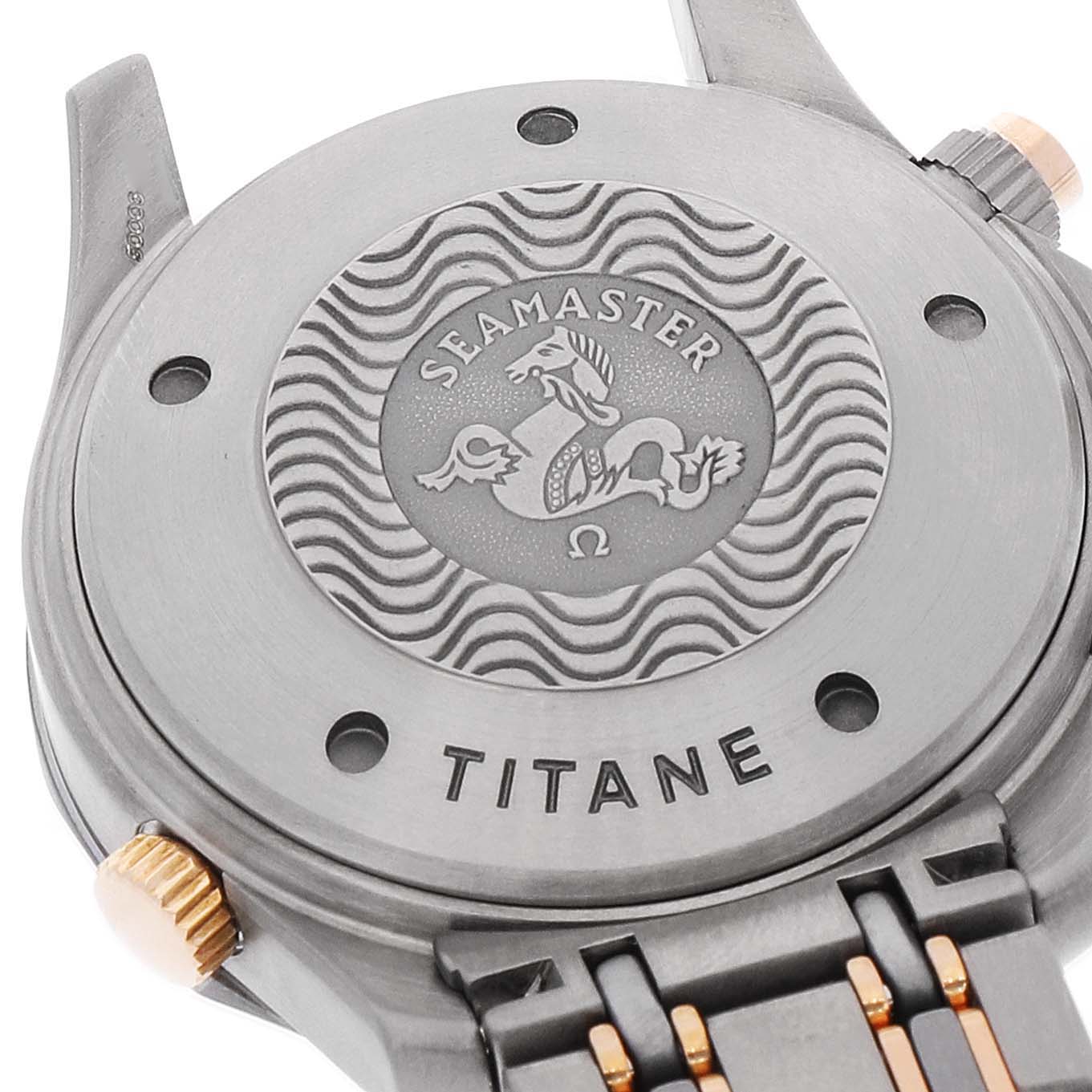 The image shows the back of an Omega Seamaster 2296.80.00 Men's Titanium Blue Dial 2296.80.00 Men's Titanium Blue Dial watch, featuring the branded engraving and part of the bracelet.