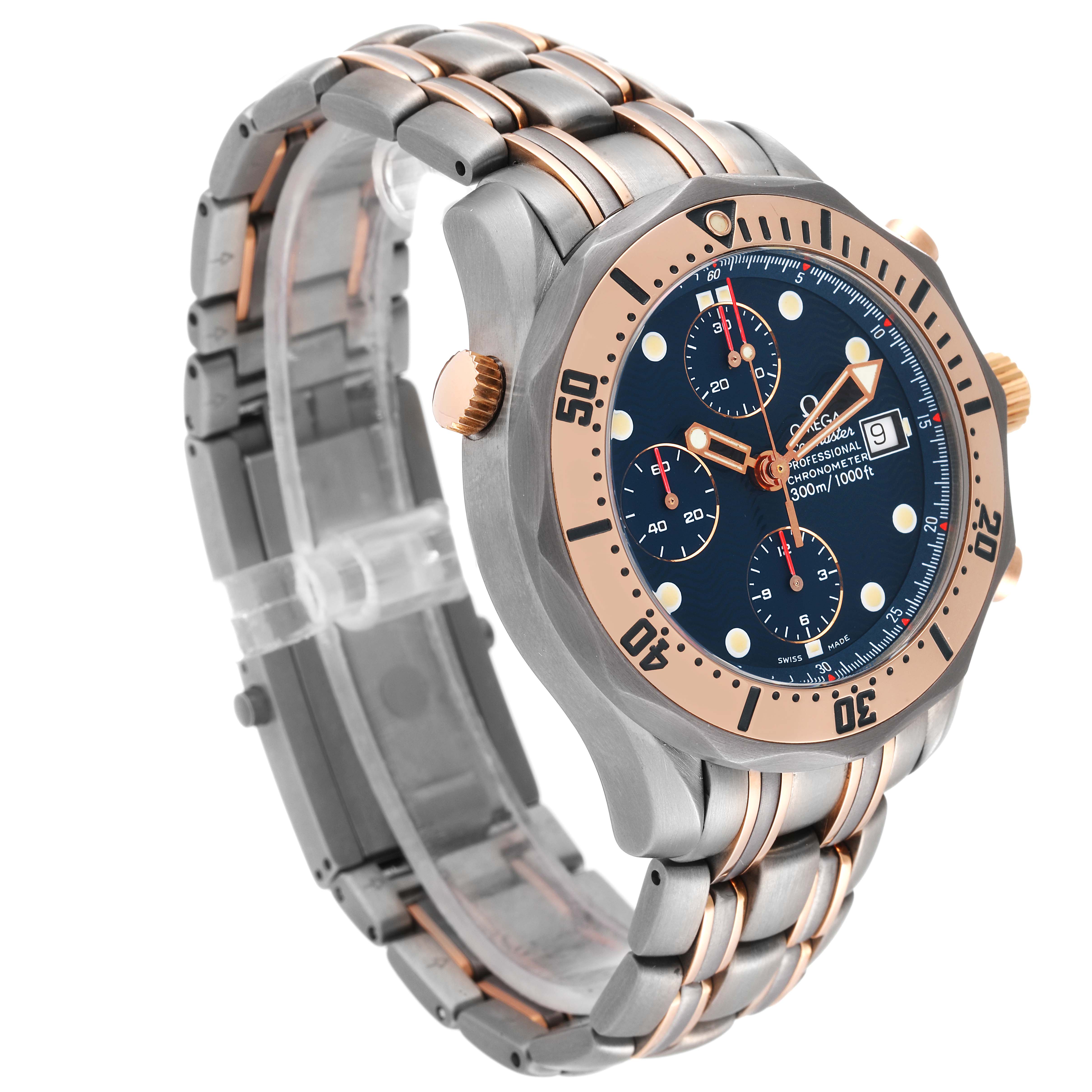 The Omega Seamaster 2296.80.00 Men's Titanium Blue Dial 2296.80.00 Men's Titanium Blue Dial watch is shown at a side angle, displaying the face, crown, bezel, and partially the bracelet.