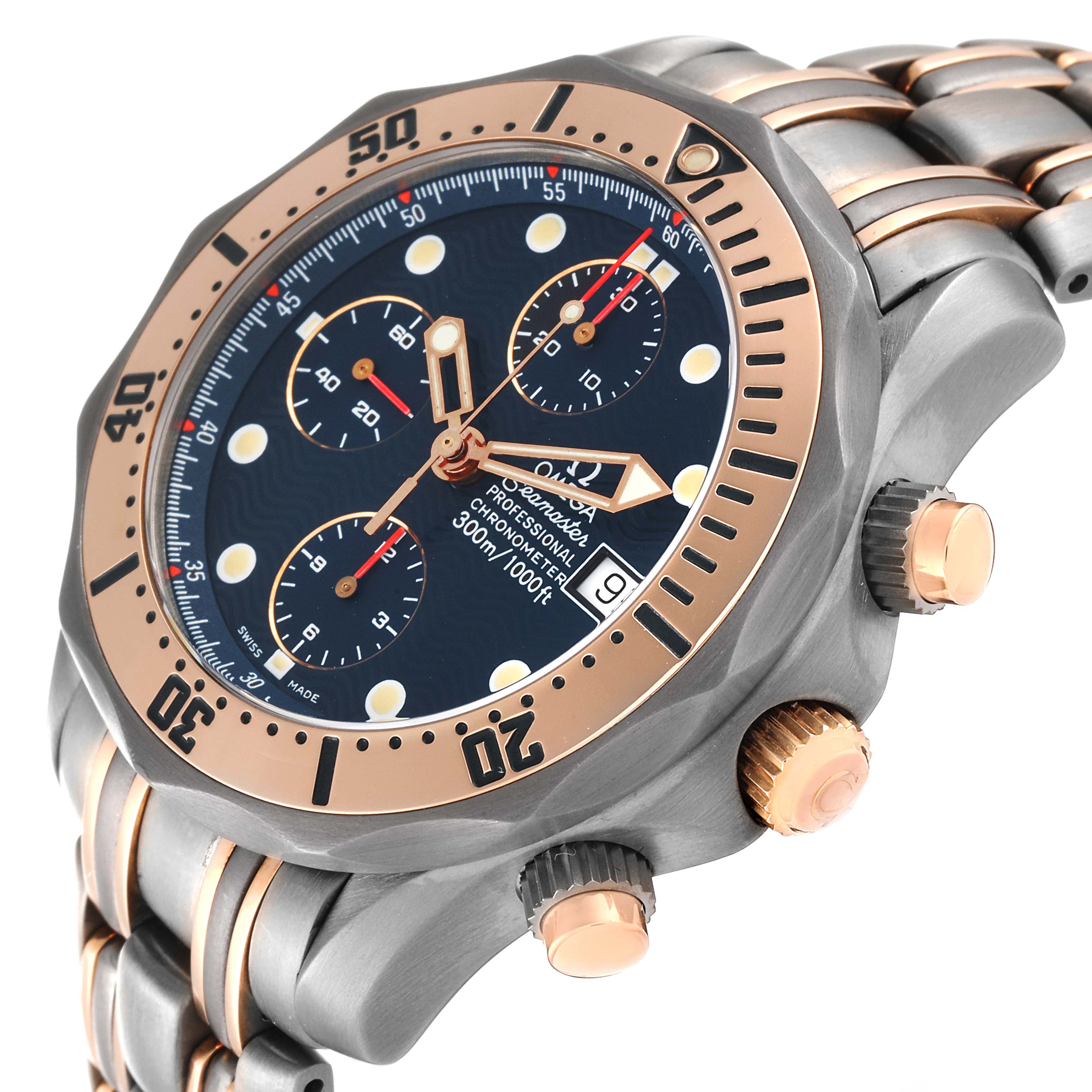 This Omega Seamaster 2296.80.00 Men's Titanium Blue Dial 2296.80.00 Men's Titanium Blue Dial watch is shown at an angle displaying the face, bezel, buttons, and part of the bracelet.