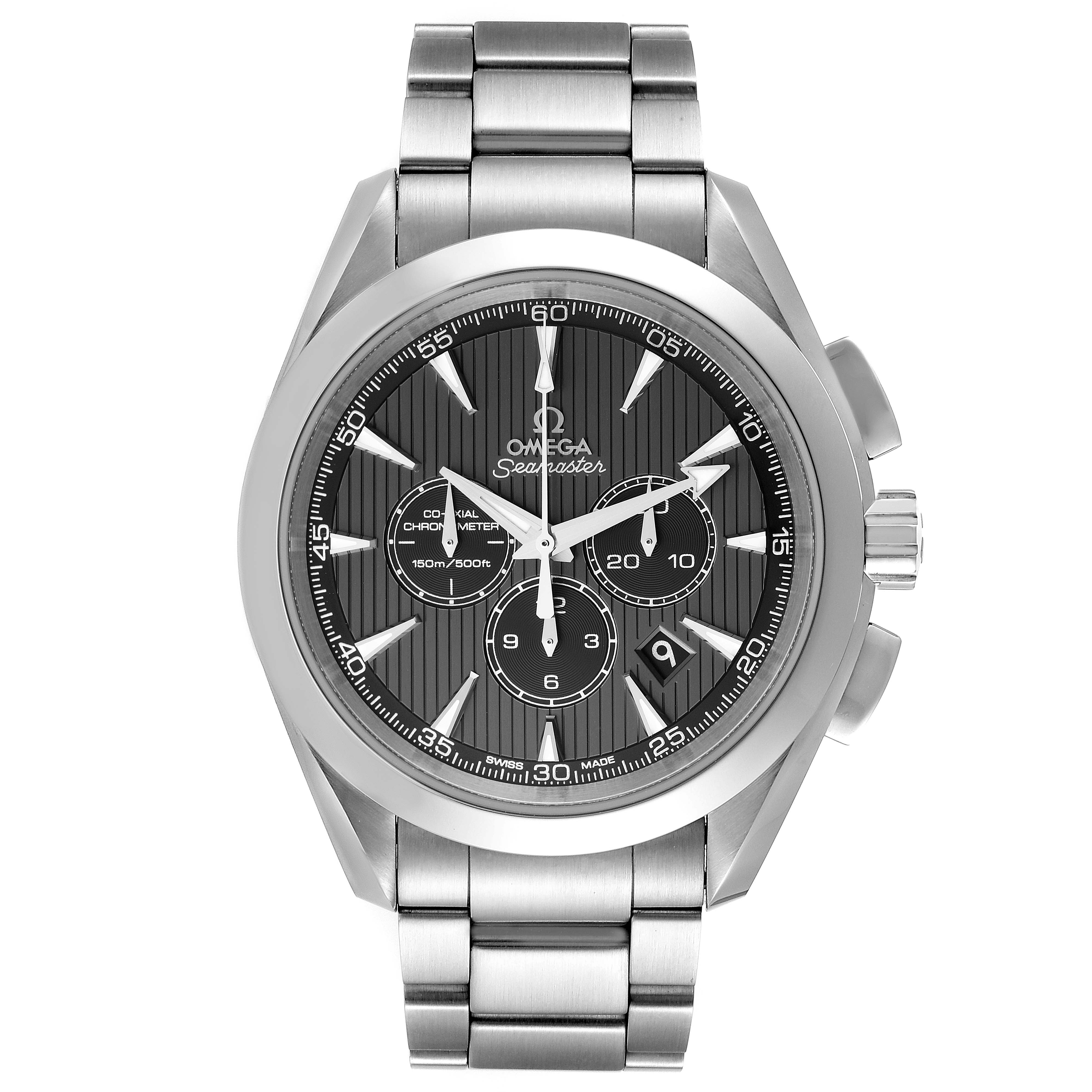 The image shows a frontal view of the Omega Aqua Terra 231.12.44.50.06.001 Men's Stainless Steel Grey Dial 231.12.44.50.06.001 Men's Stainless Steel Grey Dial watch, highlighting its dial, case, bezel, and bracelet.