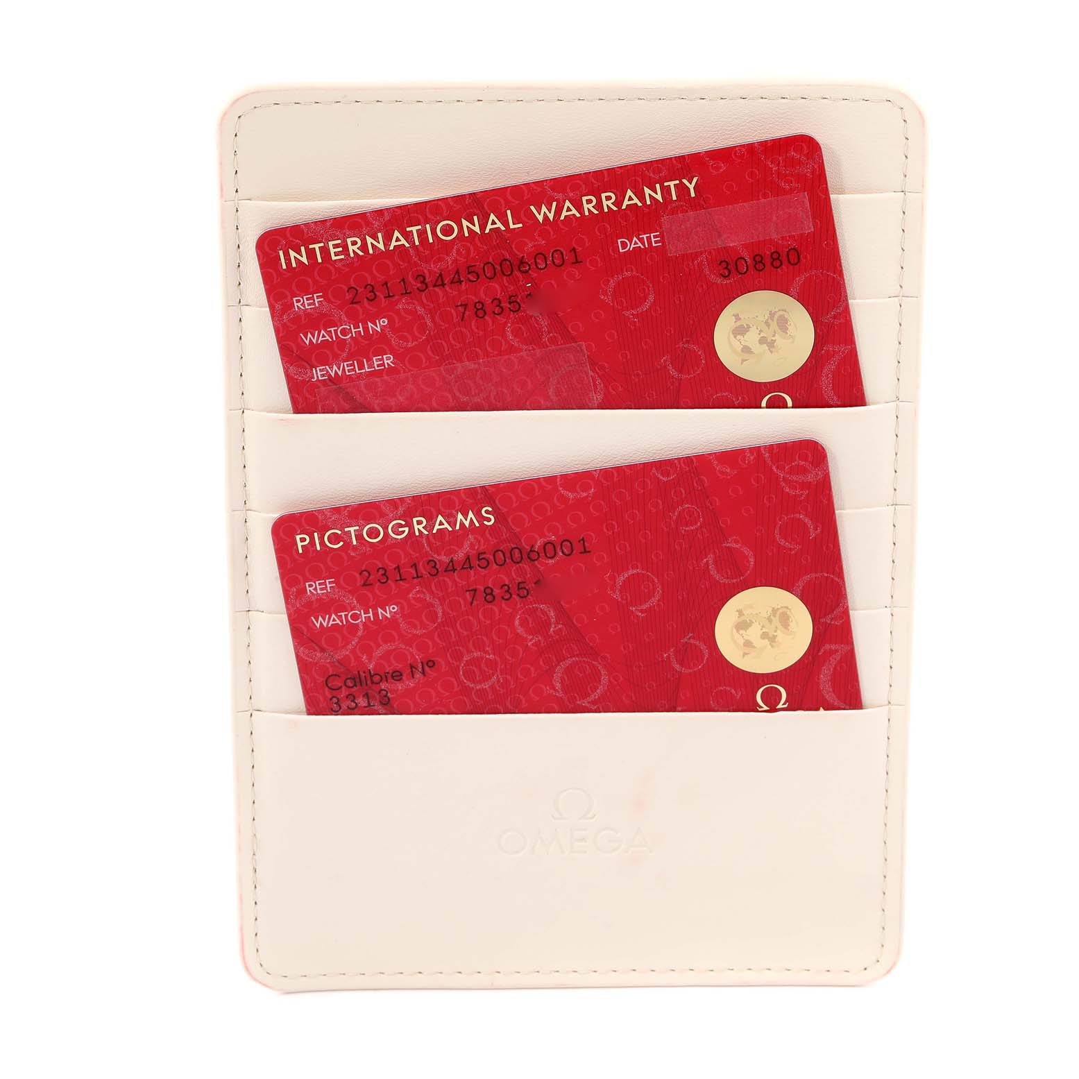 The image shows warranty and pictograms cards for the Omega Aqua Terra 231.12.44.50.06.001 Men's Stainless Steel Grey Dial 231.12.44.50.06.001 Men's Stainless Steel Grey Dial model in a white cardholder.