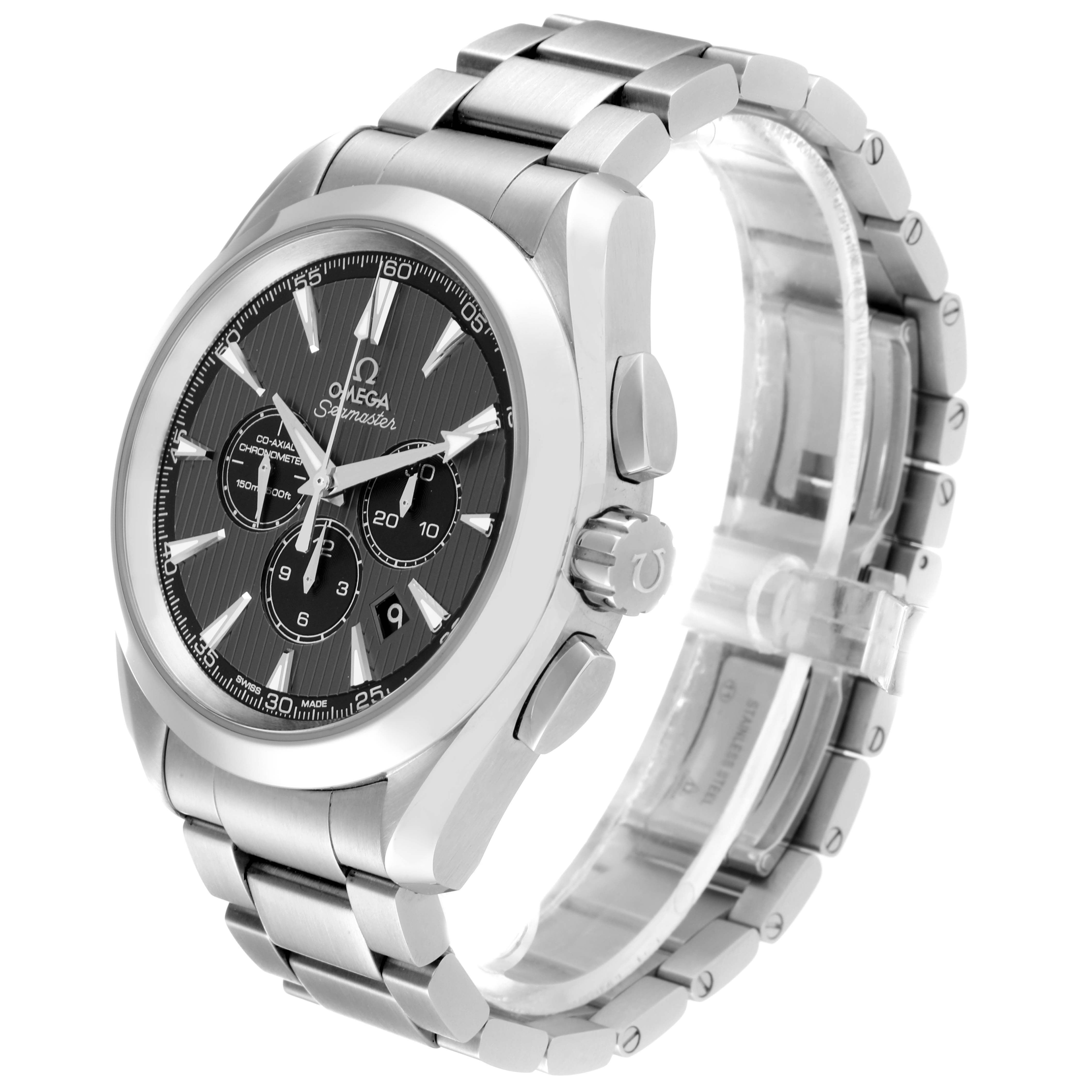 The image shows a side angle of the Omega Aqua Terra 231.12.44.50.06.001 Men's Stainless Steel Grey Dial 231.12.44.50.06.001 Men's Stainless Steel Grey Dial watch, detailing the band, case, crown, and dial with subdials.