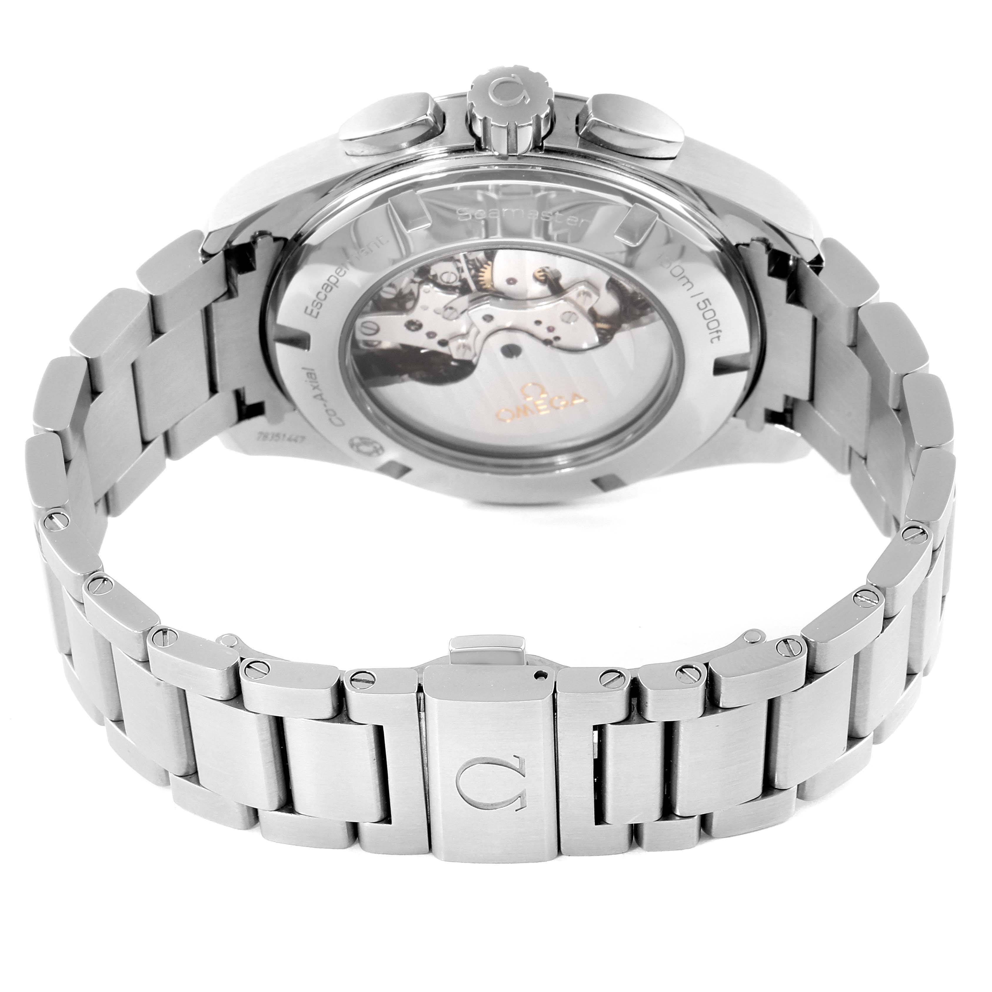 This image shows the back view of the Omega Aqua Terra 231.12.44.50.06.001 Men's Stainless Steel Grey Dial 231.12.44.50.06.001 Men's Stainless Steel Grey Dial watch, focusing on its transparent case back and stainless steel bracelet.