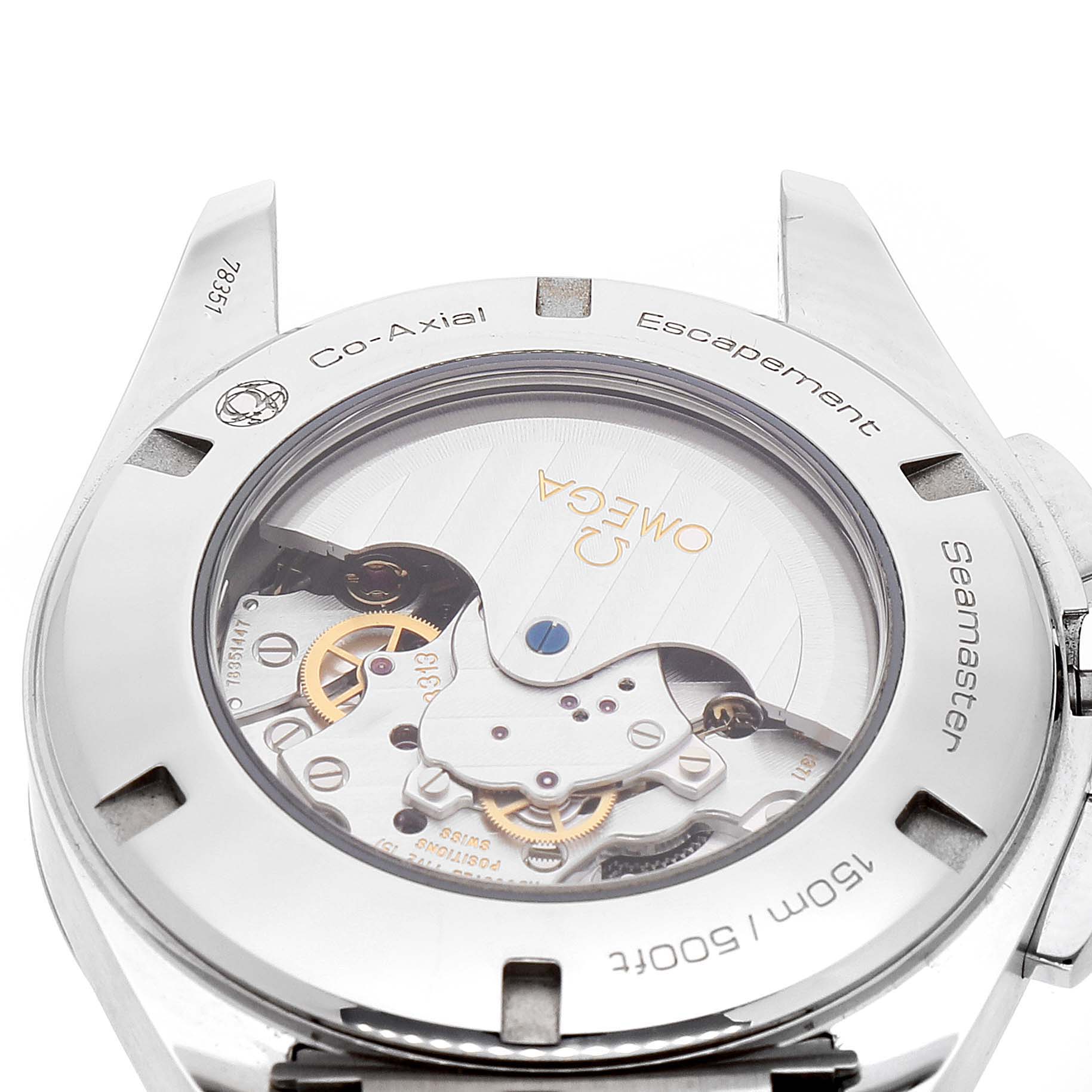 The image shows the back view of the Omega Aqua Terra 231.12.44.50.06.001 Men's Stainless Steel Grey Dial 231.12.44.50.06.001 Men's Stainless Steel Grey Dial watch, highlighting its Co-Axial escapement movement mechanism.