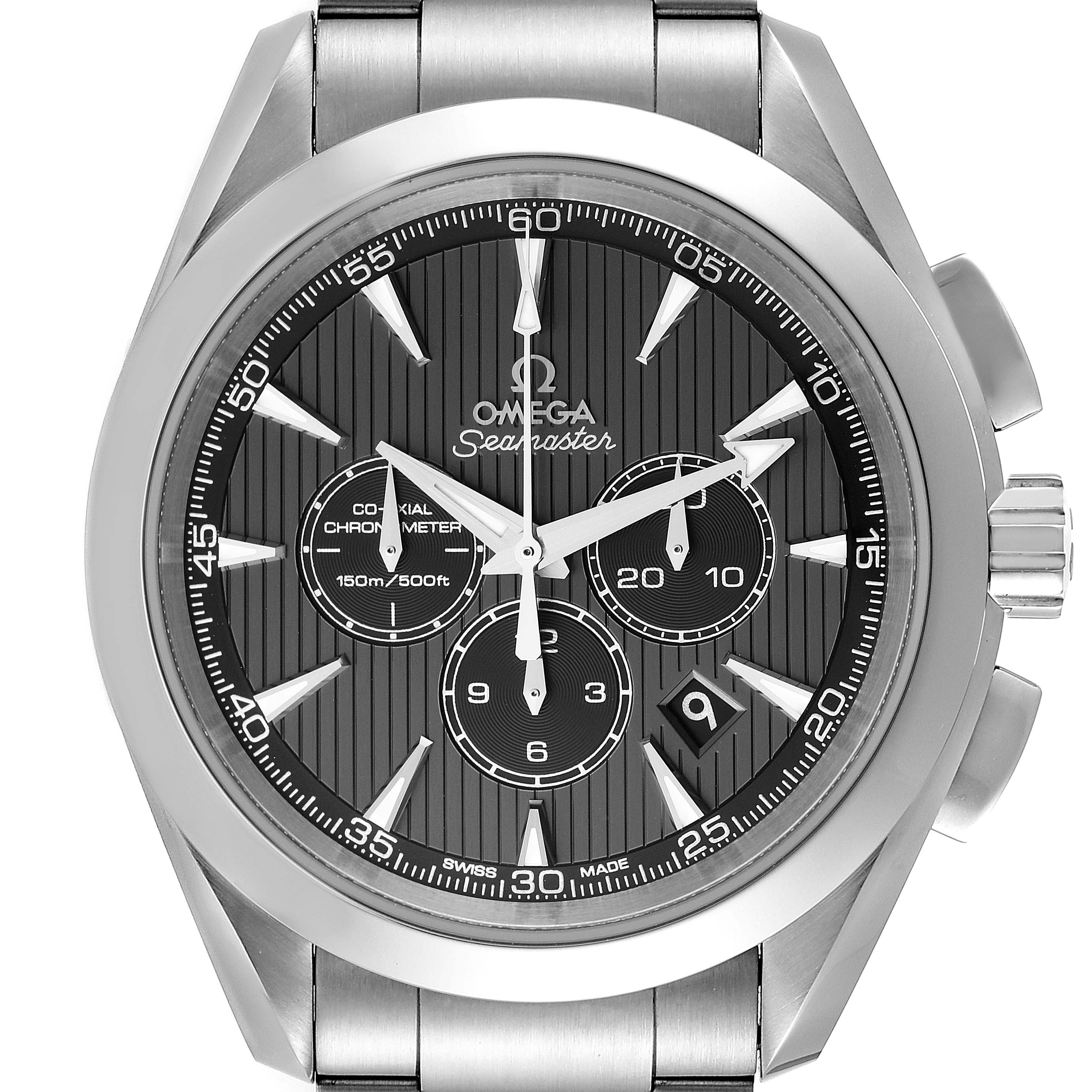 The Omega Aqua Terra 231.12.44.50.06.001 Men's Stainless Steel Grey Dial 231.12.44.50.06.001 Men's Stainless Steel Grey Dial watch is shown front-facing, highlighting the dial, hands, chronographs, and part of the metal bracelet.