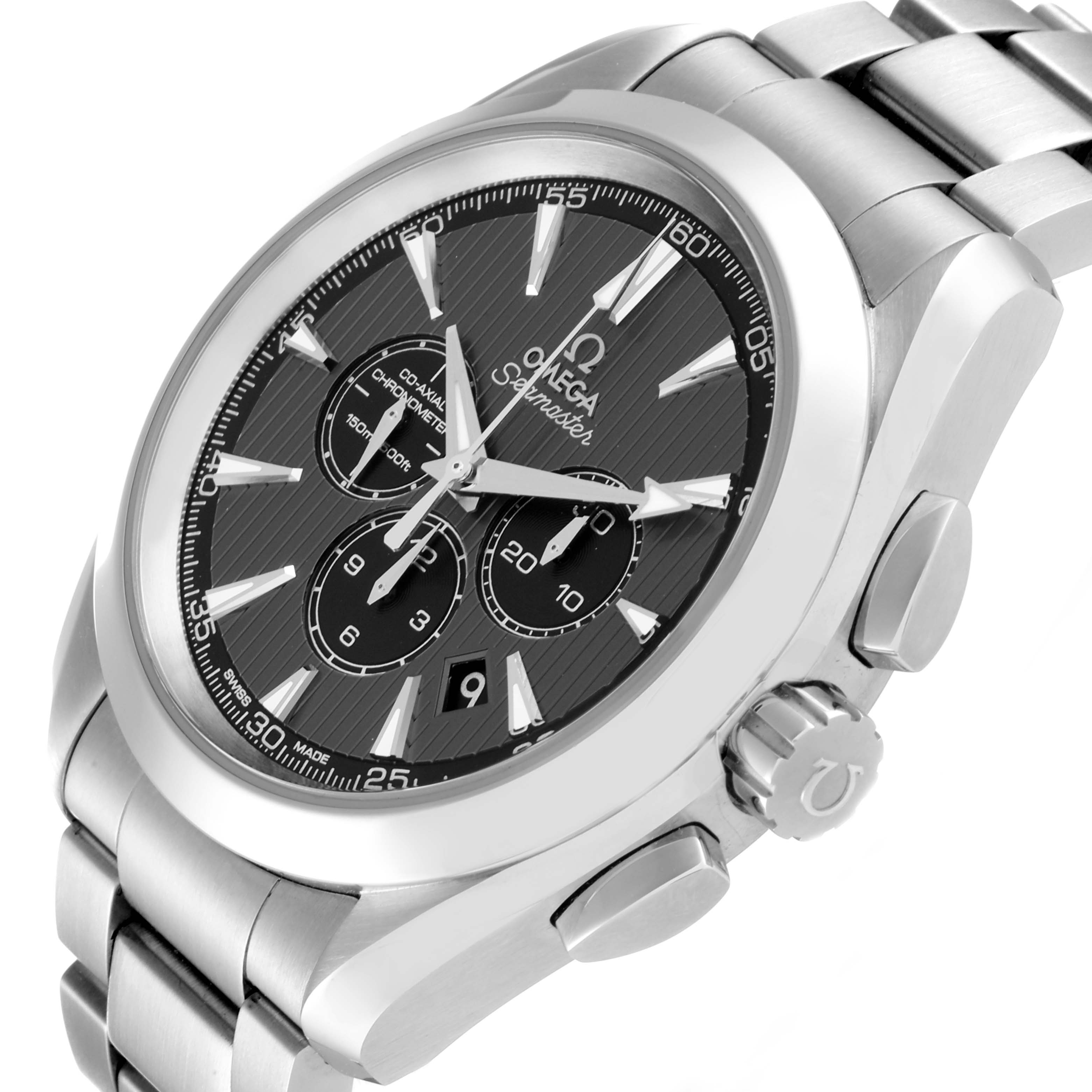 The image shows a close-up view of the Omega Aqua Terra 231.12.44.50.06.001 Men's Stainless Steel Grey Dial 231.12.44.50.06.001 Men's Stainless Steel Grey Dial watch, highlighting its face, bezel, and stainless steel bracelet.