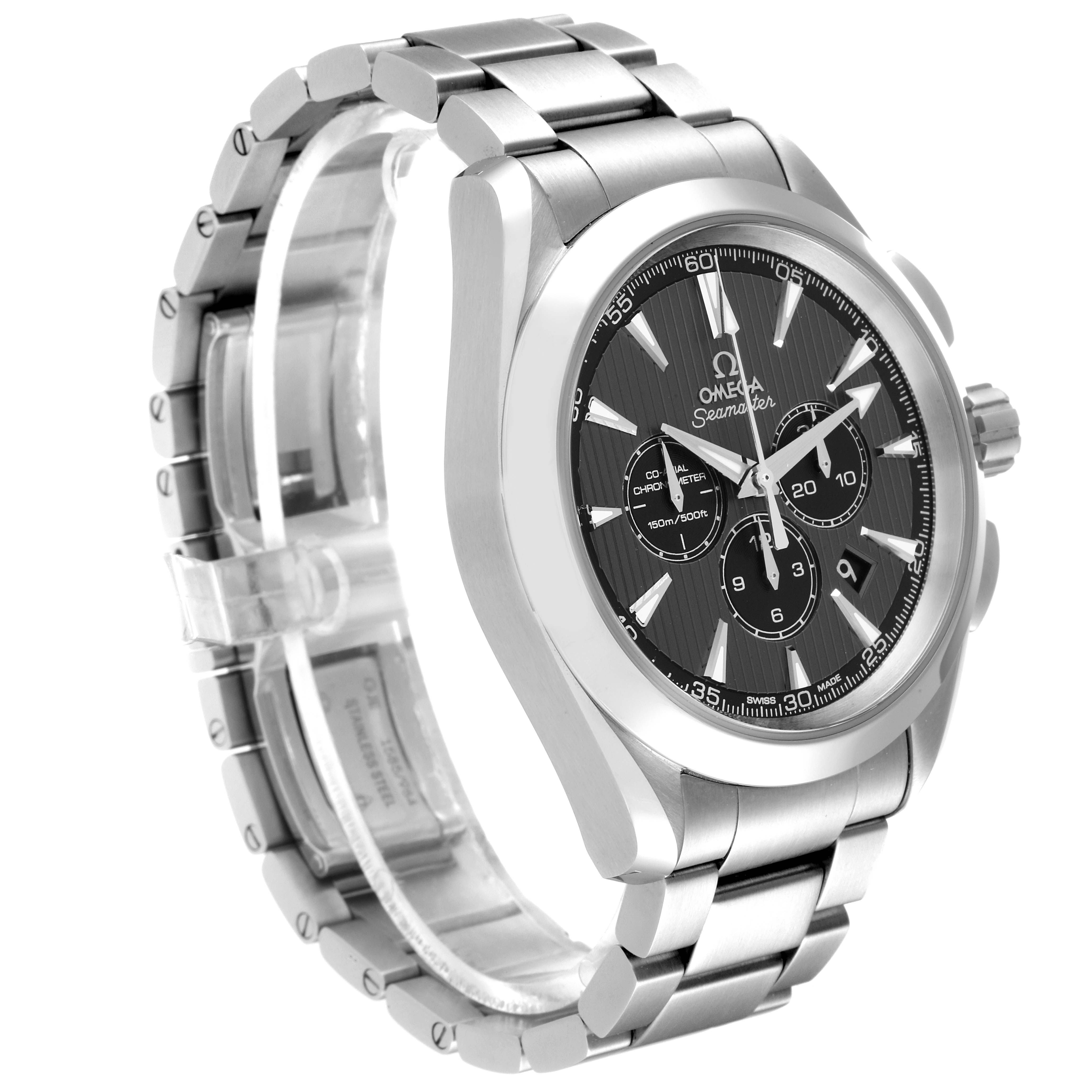 The image shows an angled view of an Omega Aqua Terra 231.12.44.50.06.001 Men's Stainless Steel Grey Dial 231.12.44.50.06.001 Men's Stainless Steel Grey Dial watch, showcasing its stainless steel bracelet and black dial.