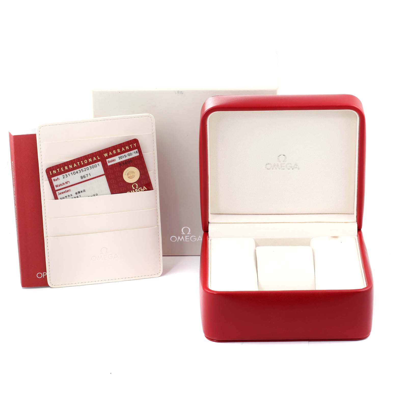 The Omega Aqua Terra 231.10.43.52.03.001 Men's Stainless Steel Blue Dial 231.10.43.52.03.001 Men's Stainless Steel Blue Dial watch accessories shown include an open red watch box and warranty cards in a white cardholder.