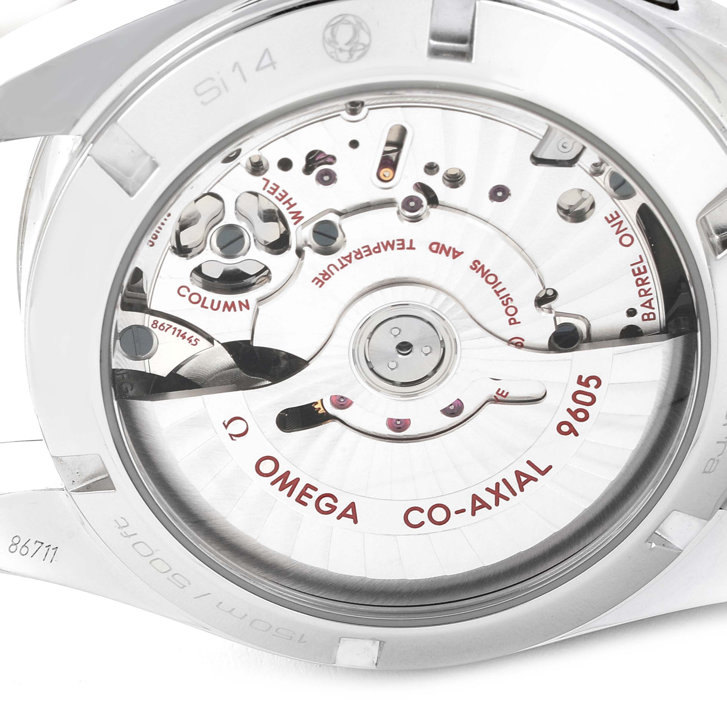 The image shows the back view of the Omega Aqua Terra 231.10.43.52.03.001 Men's Stainless Steel Blue Dial 231.10.43.52.03.001 Men's Stainless Steel Blue Dial watch, highlighting its Co-Axial 9605 movement and internal components.