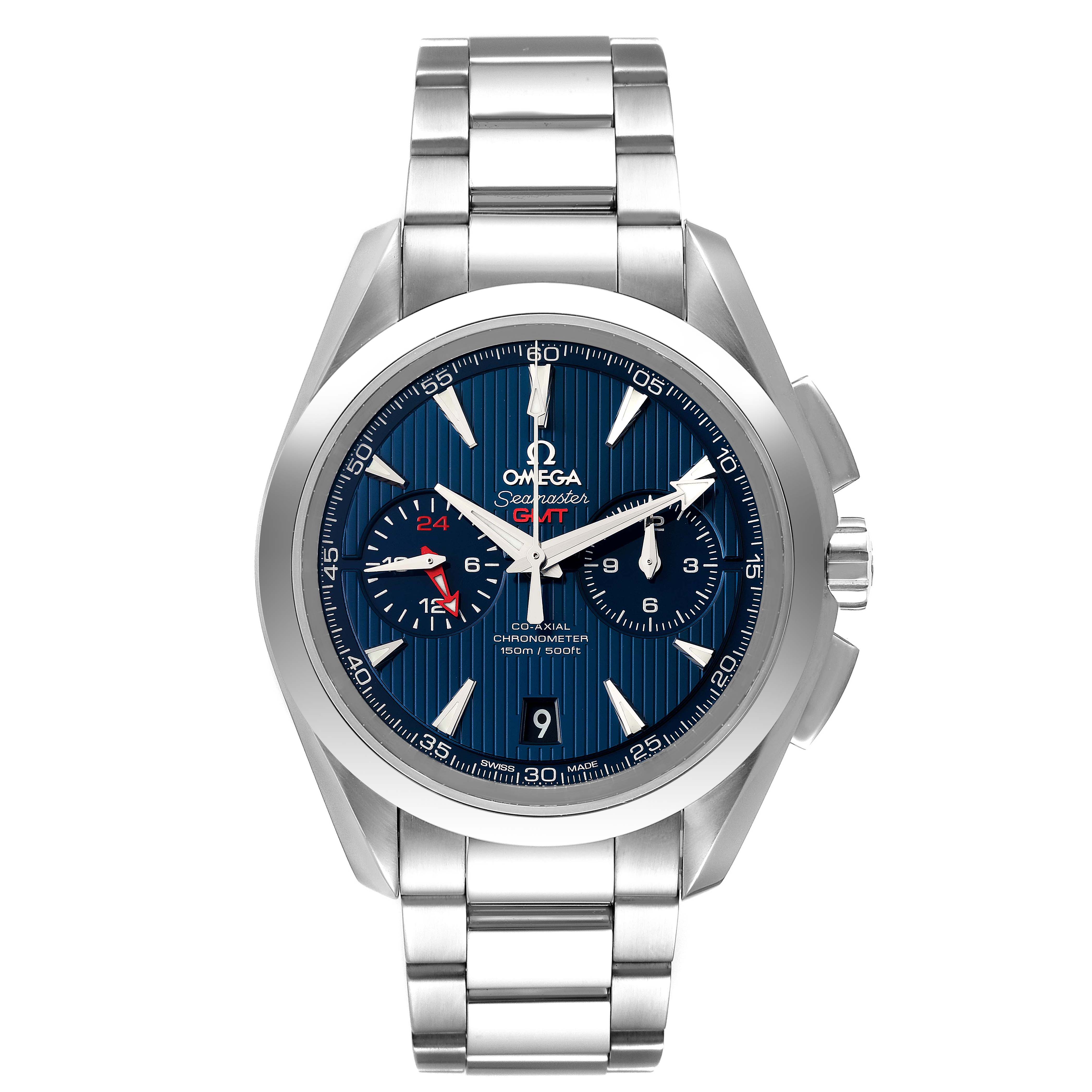 This image shows a front view of the Omega Aqua Terra 231.10.43.52.03.001 Men's Stainless Steel Blue Dial 231.10.43.52.03.001 Men's Stainless Steel Blue Dial watch displaying its blue dial, silver-tone hands, and stainless steel bracelet.