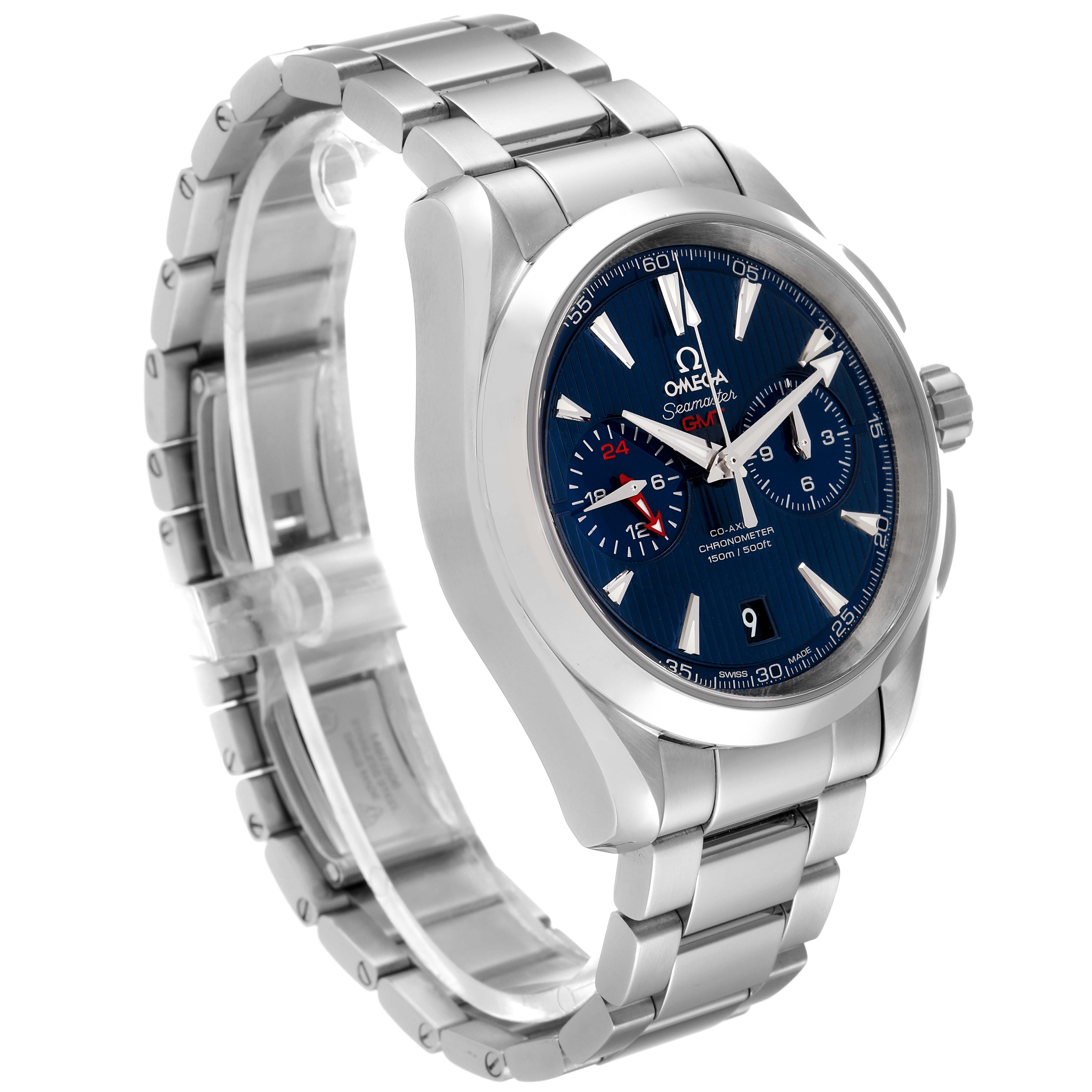 The image shows a side angle of the Omega Aqua Terra 231.10.43.52.03.001 Men's Stainless Steel Blue Dial 231.10.43.52.03.001 Men's Stainless Steel Blue Dial watch, highlighting the dial, case, crown, and stainless steel bracelet.