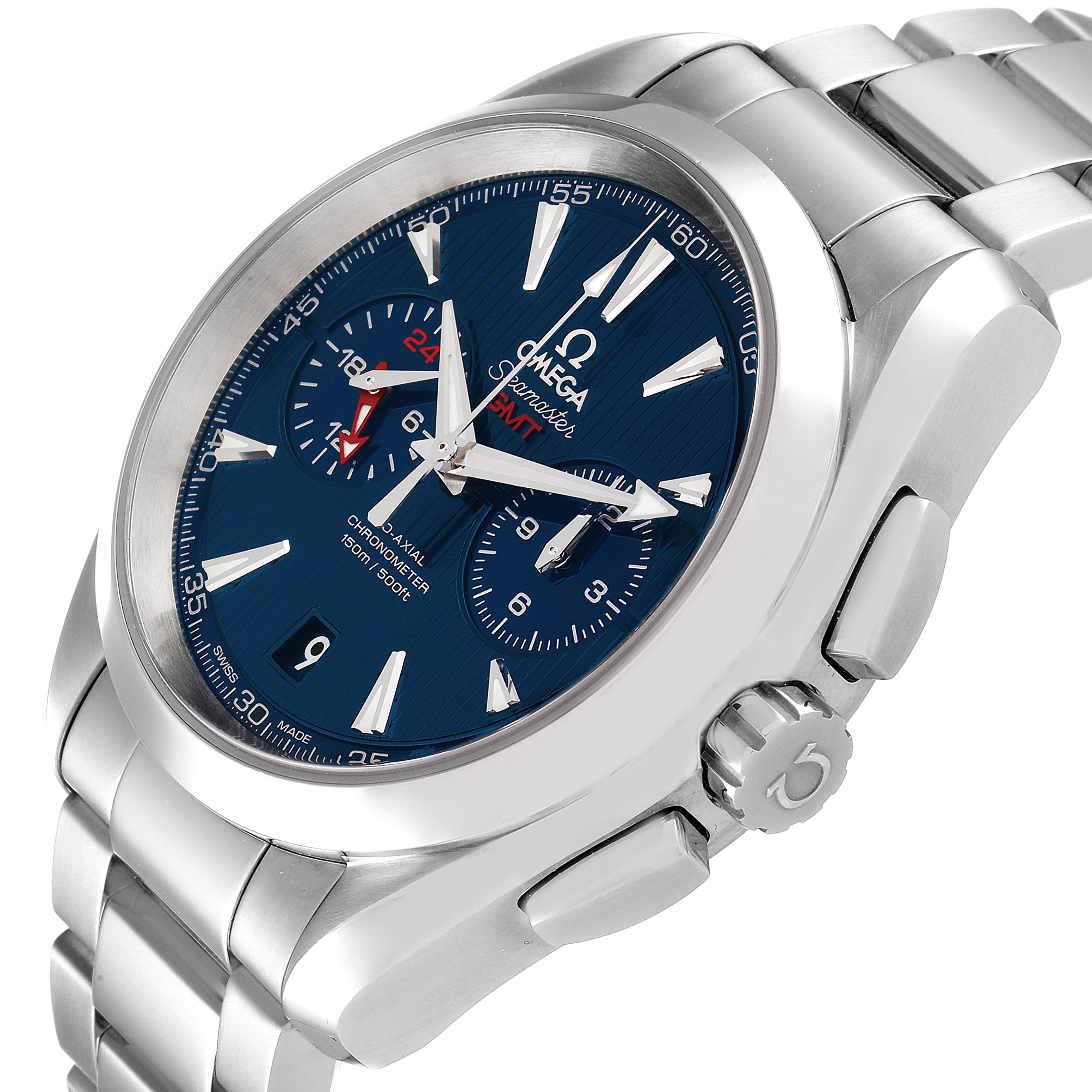 The image shows an angled view of the Omega Aqua Terra 231.10.43.52.03.001 Men's Stainless Steel Blue Dial 231.10.43.52.03.001 Men's Stainless Steel Blue Dial watch, highlighting its dial, crown, pushers, and metal bracelet.