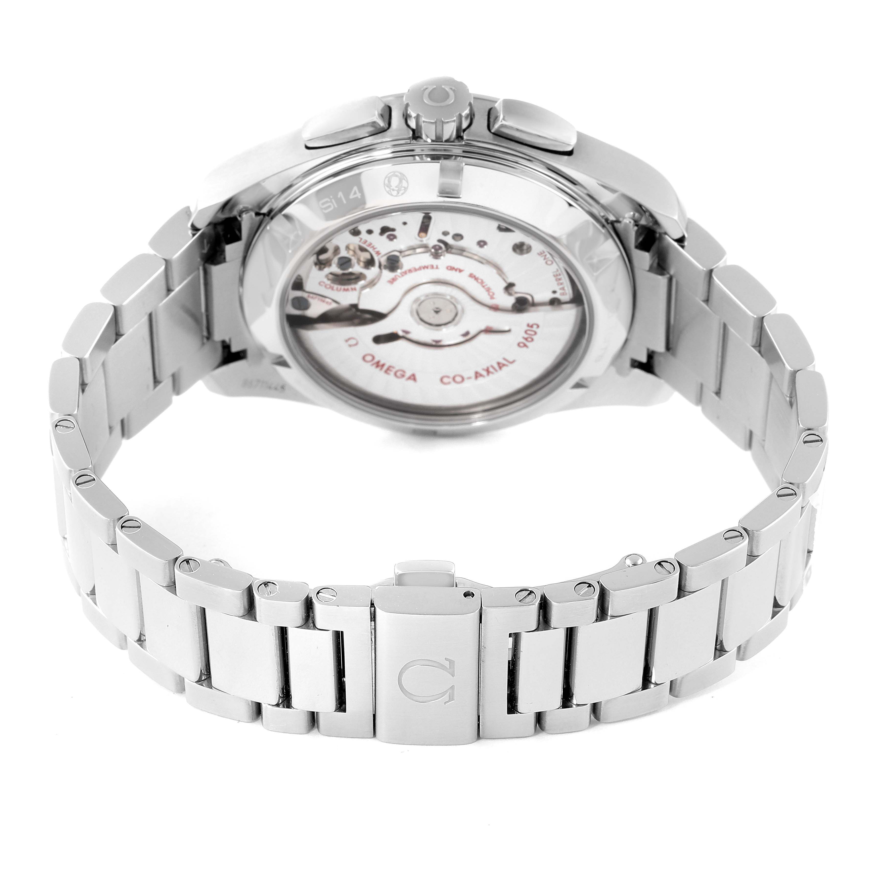 This image shows the back view of an Omega Aqua Terra 231.10.43.52.03.001 Men's Stainless Steel Blue Dial 231.10.43.52.03.001 Men's Stainless Steel Blue Dial watch, highlighting its case back and stainless steel bracelet.