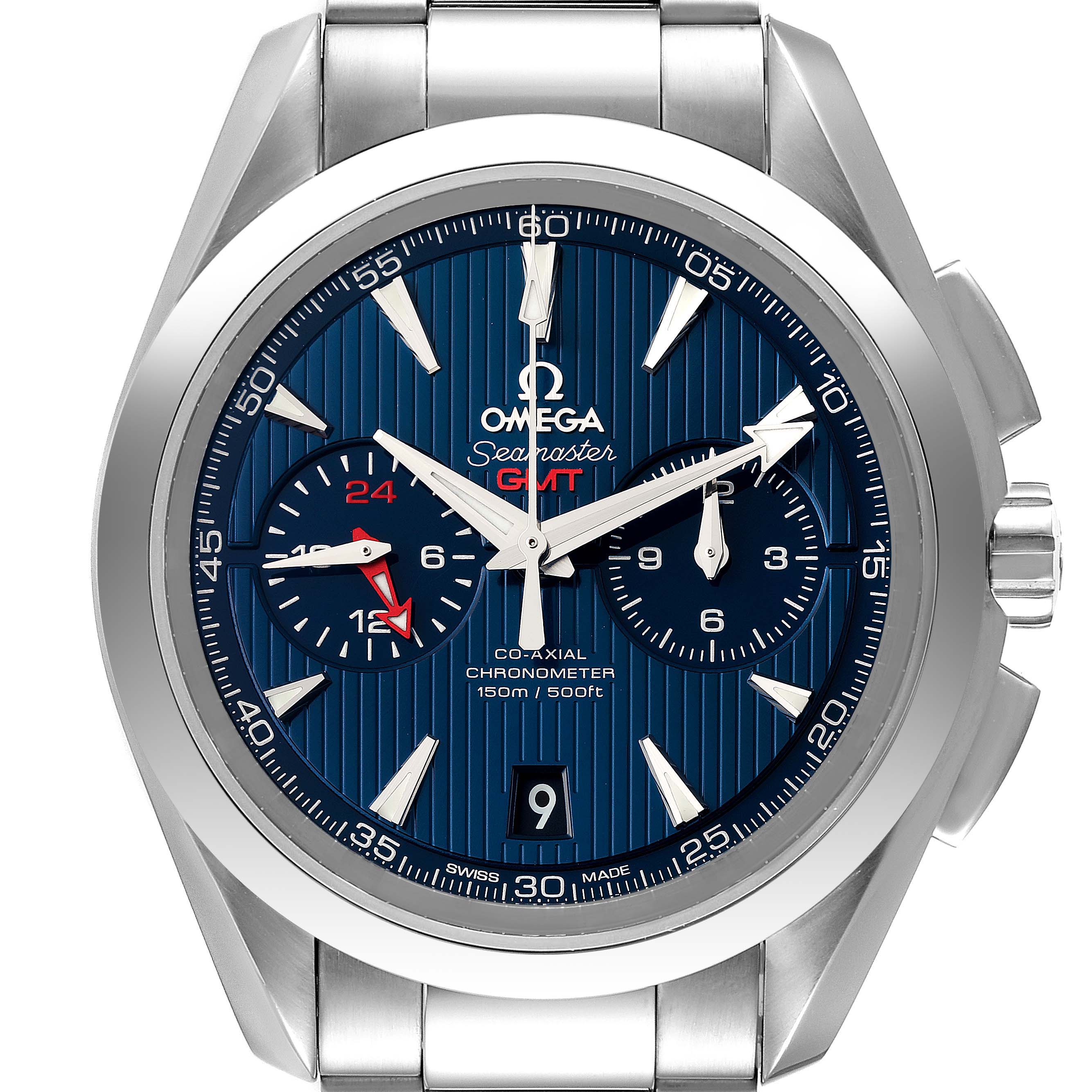 The image shows a front view of the Omega Aqua Terra 231.10.43.52.03.001 Men's Stainless Steel Blue Dial 231.10.43.52.03.001 Men's Stainless Steel Blue Dial Seamaster GMT watch, highlighting the dial, subdials, bezel, and bracelet.