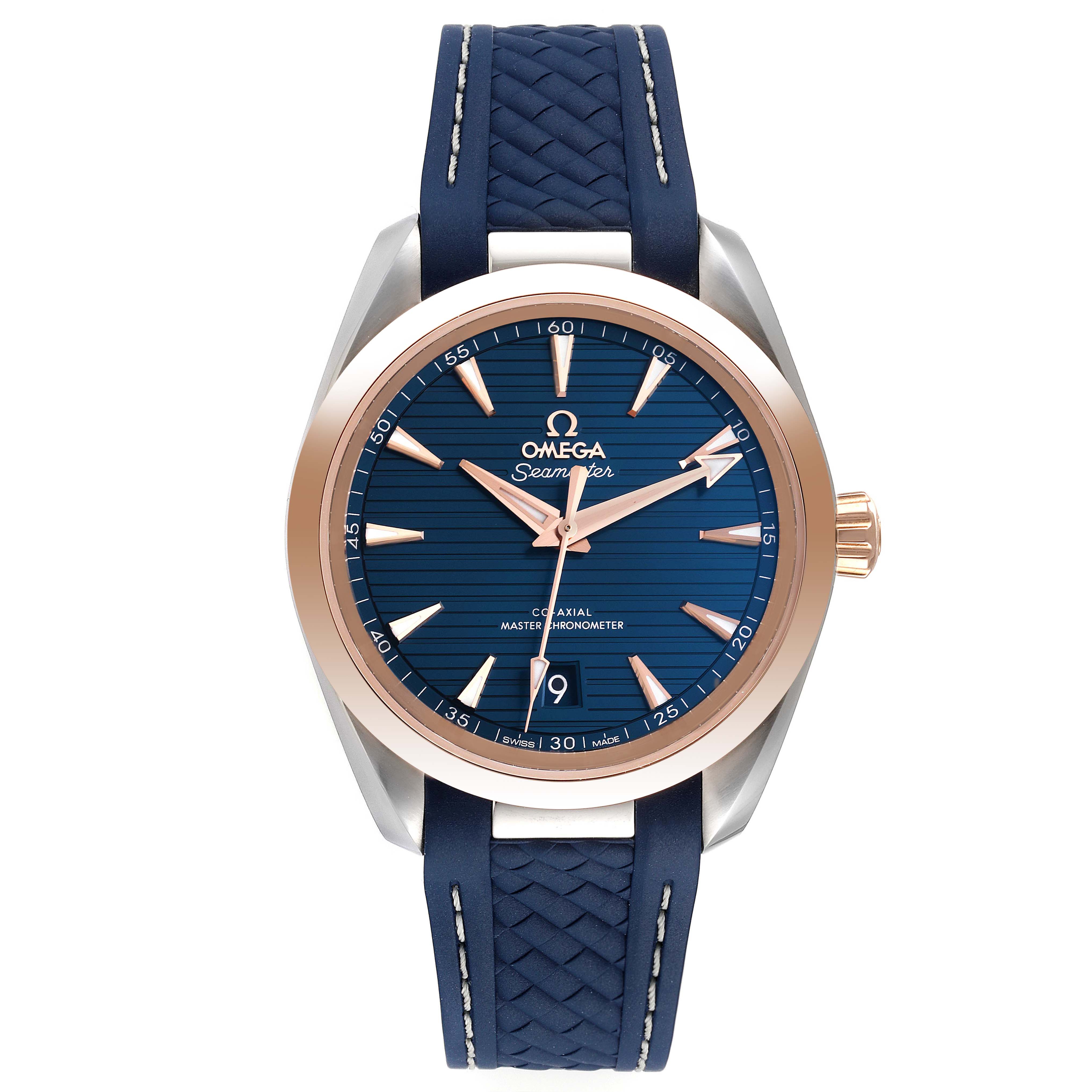 The image shows a front view of the Omega Aqua Terra 220.23.38.20.03.001 Men's Steel and Gold (two tone) Blue Dial 220.23.38.20.03.001 Men's Steel and Gold (two tone) Blue Dial watch featuring a blue dial, rose gold bezel, and blue strap.