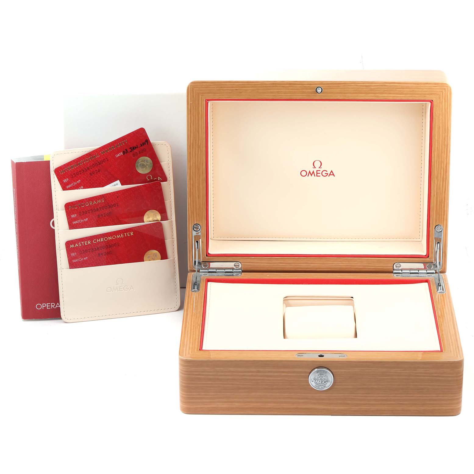 The image shows the Omega Aqua Terra 220.23.38.20.03.001 Men's Steel and Gold (two tone) Blue Dial 220.23.38.20.03.001 Men's Steel and Gold (two tone) Blue Dial watch box, warranty cards, a cardholder, and an instruction manual placed beside it.