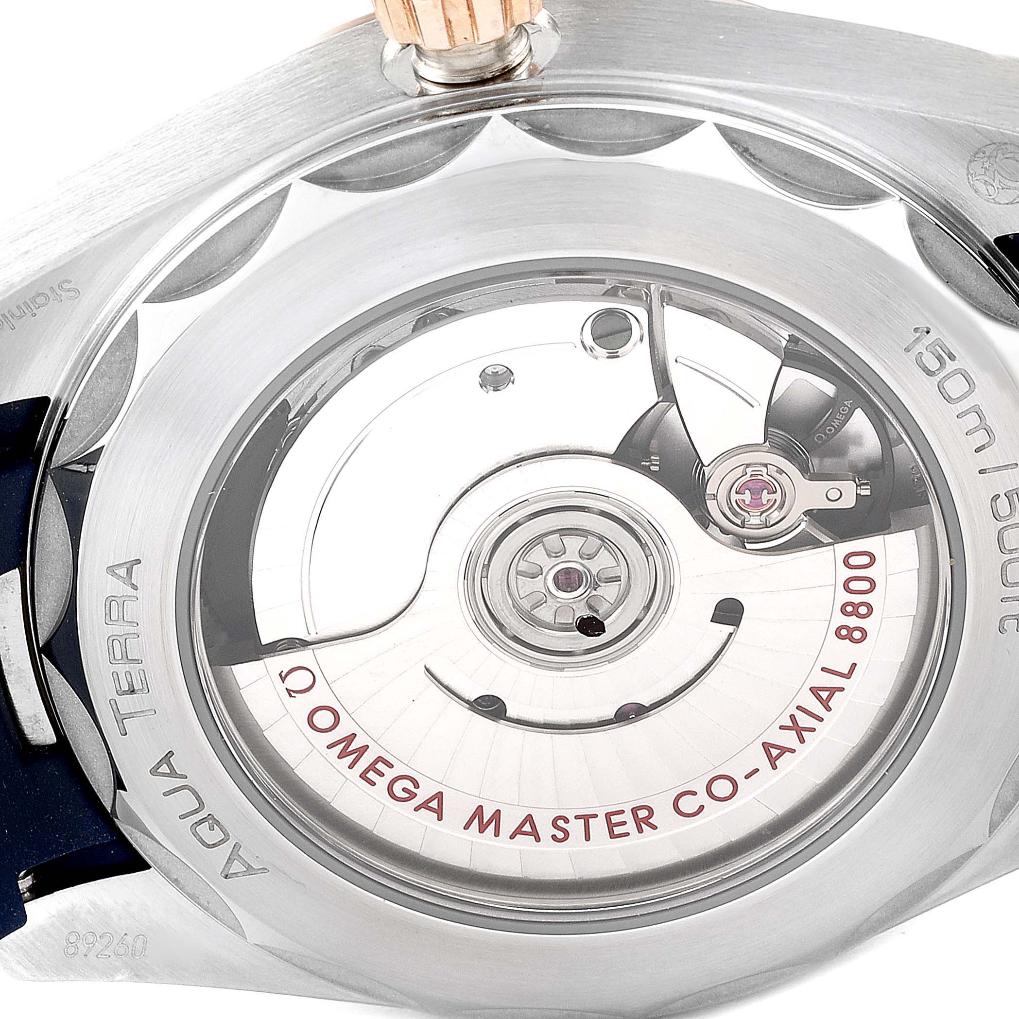 This image shows the back of the Omega Aqua Terra 220.23.38.20.03.001 Men's Steel and Gold (two tone) Blue Dial 220.23.38.20.03.001 Men's Steel and Gold (two tone) Blue Dial watch, highlighting the Omega Master Co-Axial 8800 movement.