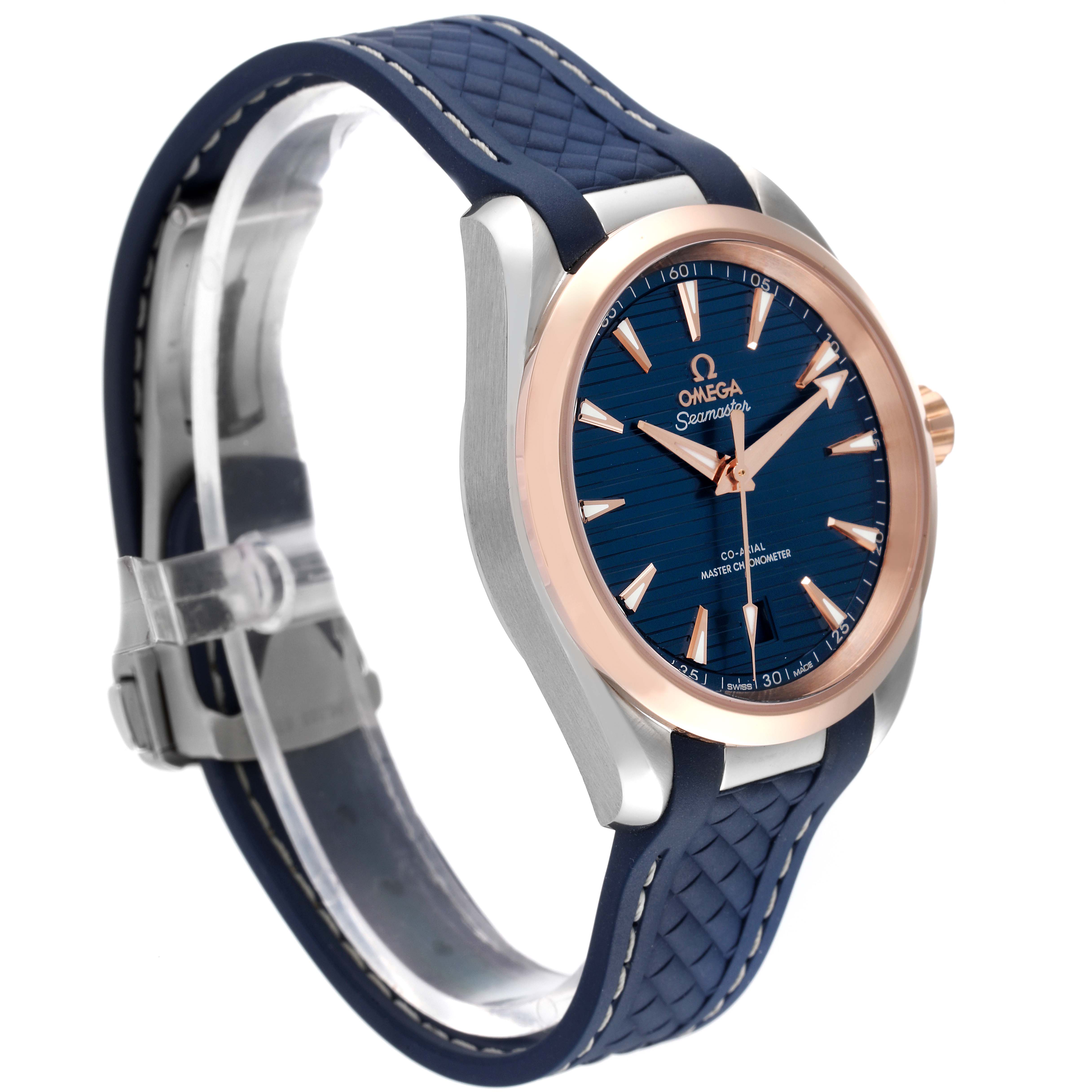 The Omega Aqua Terra 220.23.38.20.03.001 Men's Steel and Gold (two tone) Blue Dial 220.23.38.20.03.001 Men's Steel and Gold (two tone) Blue Dial watch is shown at a three-quarter angle, highlighting its blue dial, rose gold accents, and navy strap.