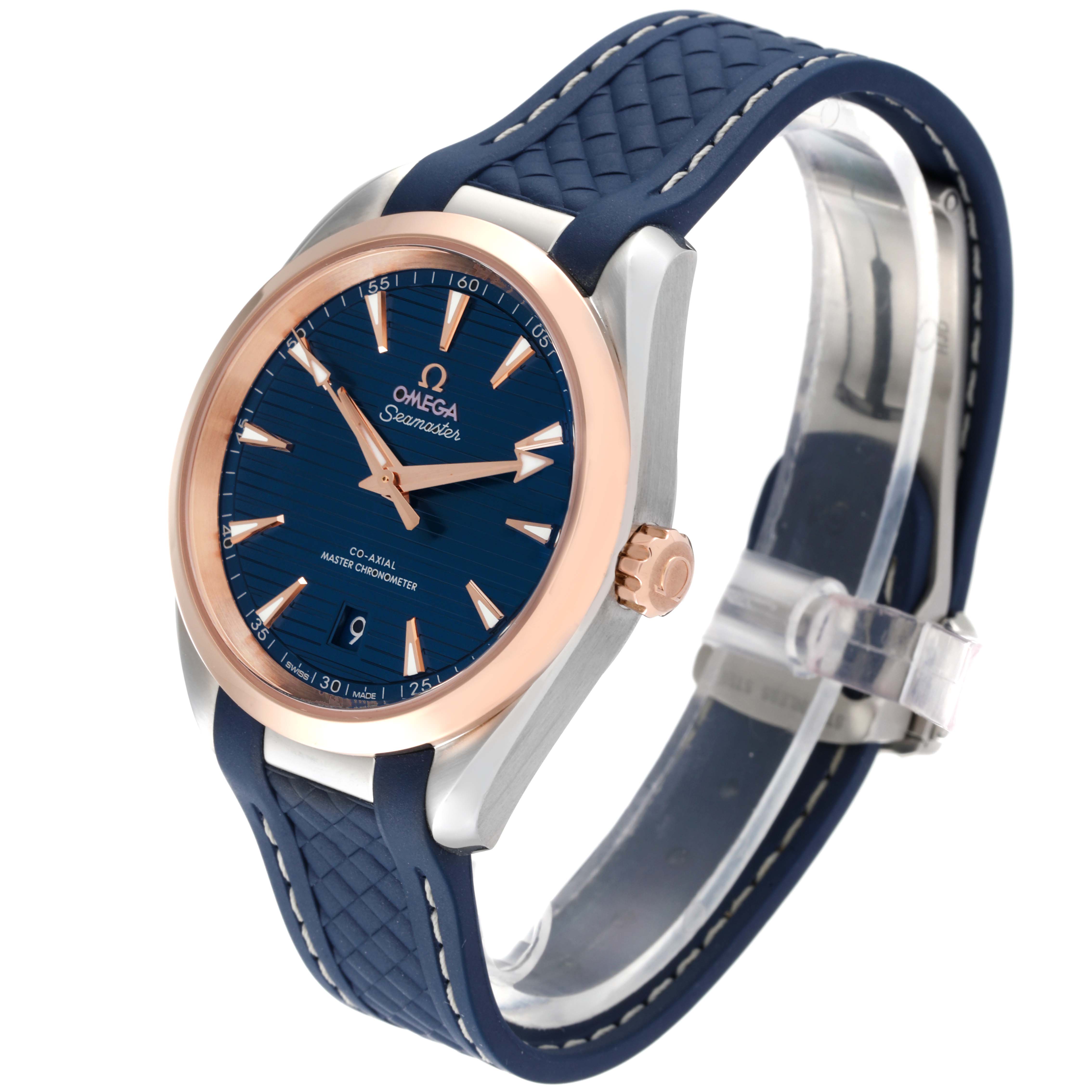 This Omega Aqua Terra 220.23.38.20.03.001 Men's Steel and Gold (two tone) Blue Dial 220.23.38.20.03.001 Men's Steel and Gold (two tone) Blue Dial watch is shown at an angle displaying its face, crown, and strap.