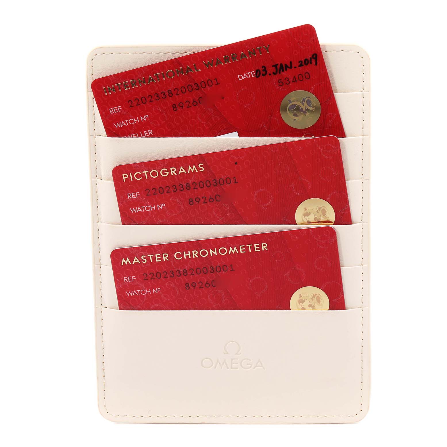 The image shows warranty and certification cards for the Omega Aqua Terra 220.23.38.20.03.001 Men's Steel and Gold (two tone) Blue Dial 220.23.38.20.03.001 Men's Steel and Gold (two tone) Blue Dial model, organized in a white cardholder.