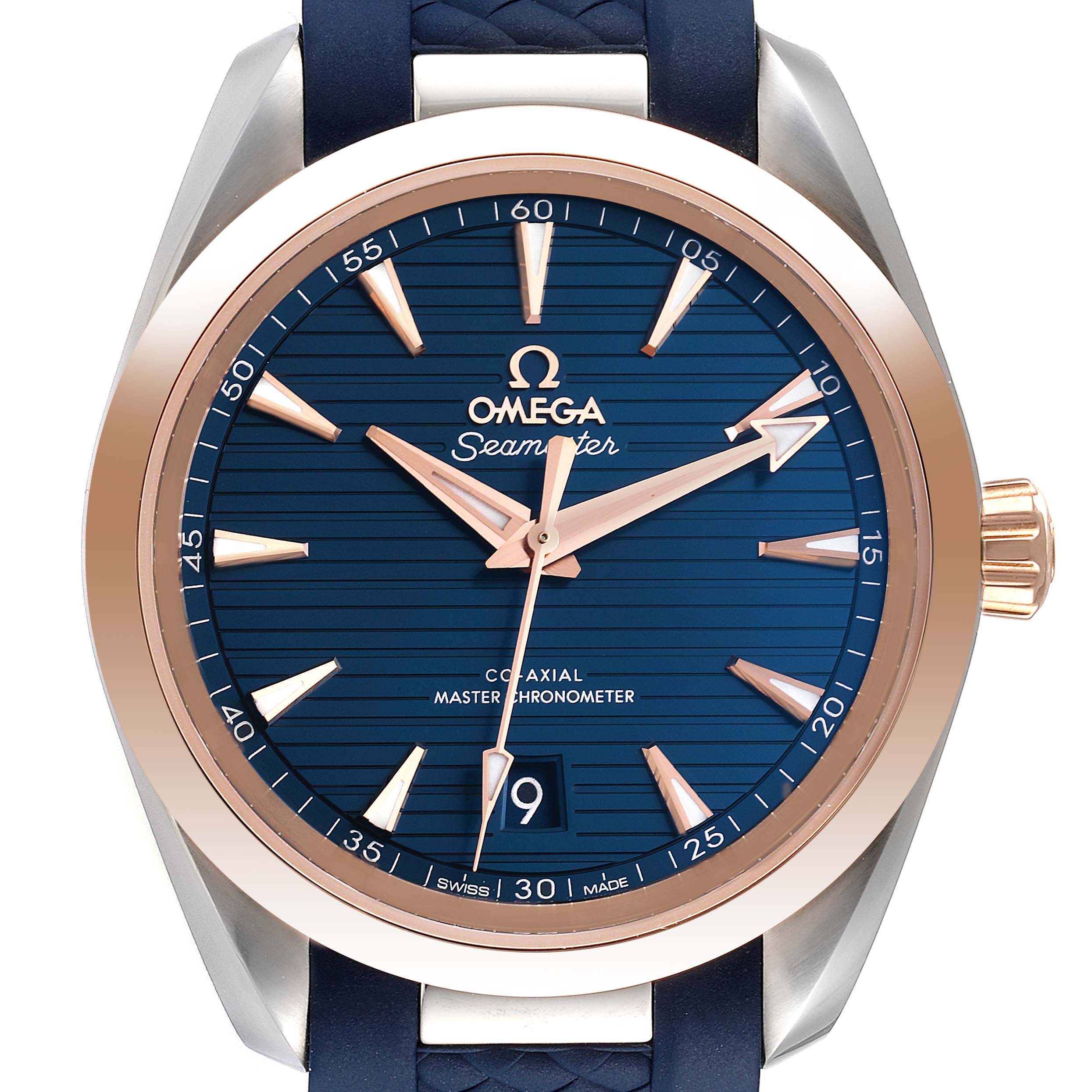 The image shows a front view of the Omega Seamaster Aqua Terra watch, highlighting the dial, hands, and date window.