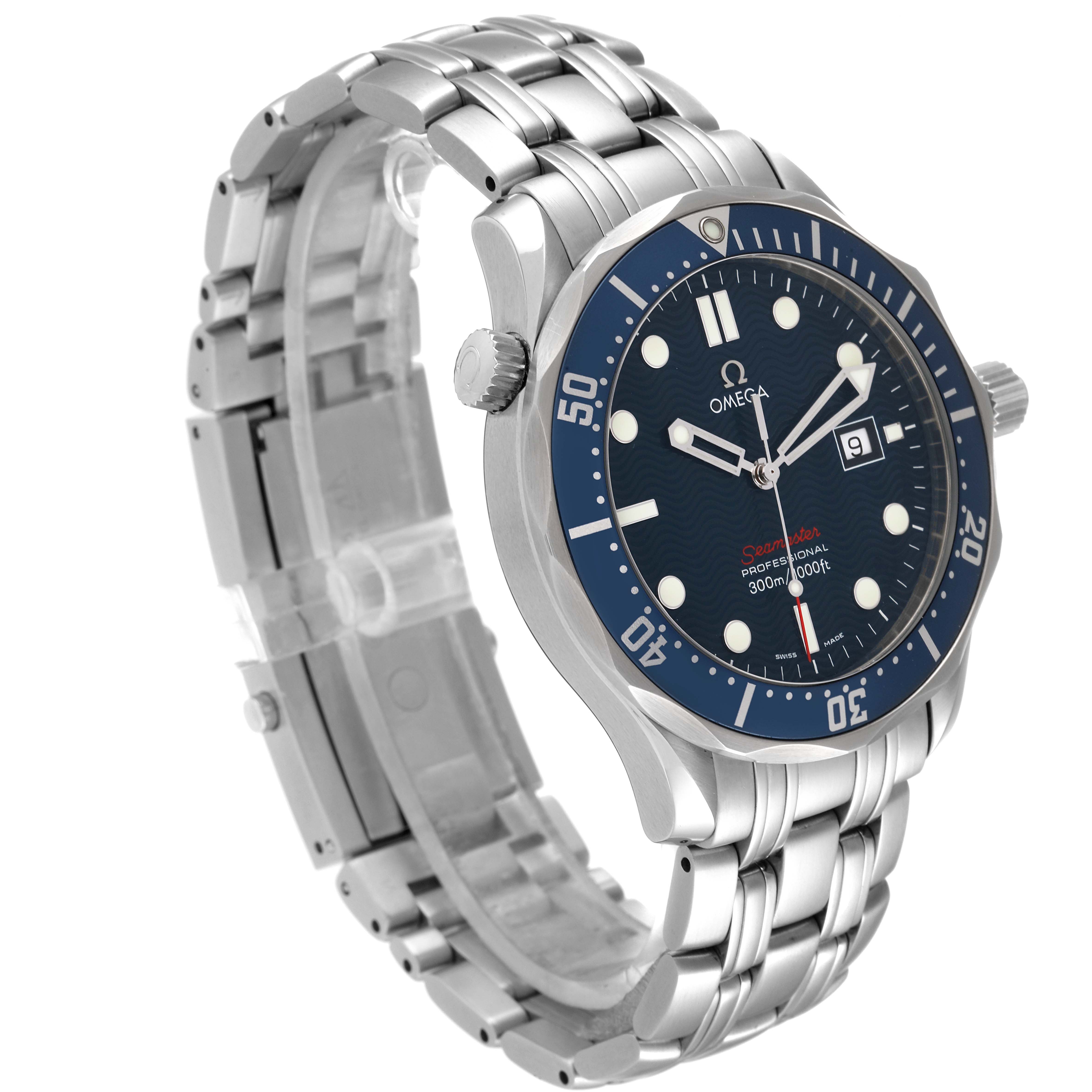 The image shows a side angle of an Omega Seamaster 2221.80.00 Men's Stainless Steel Blue Dial 2221.80.00 Men's Stainless Steel Blue Dial watch, highlighting the bracelet, bezel, and watch face.