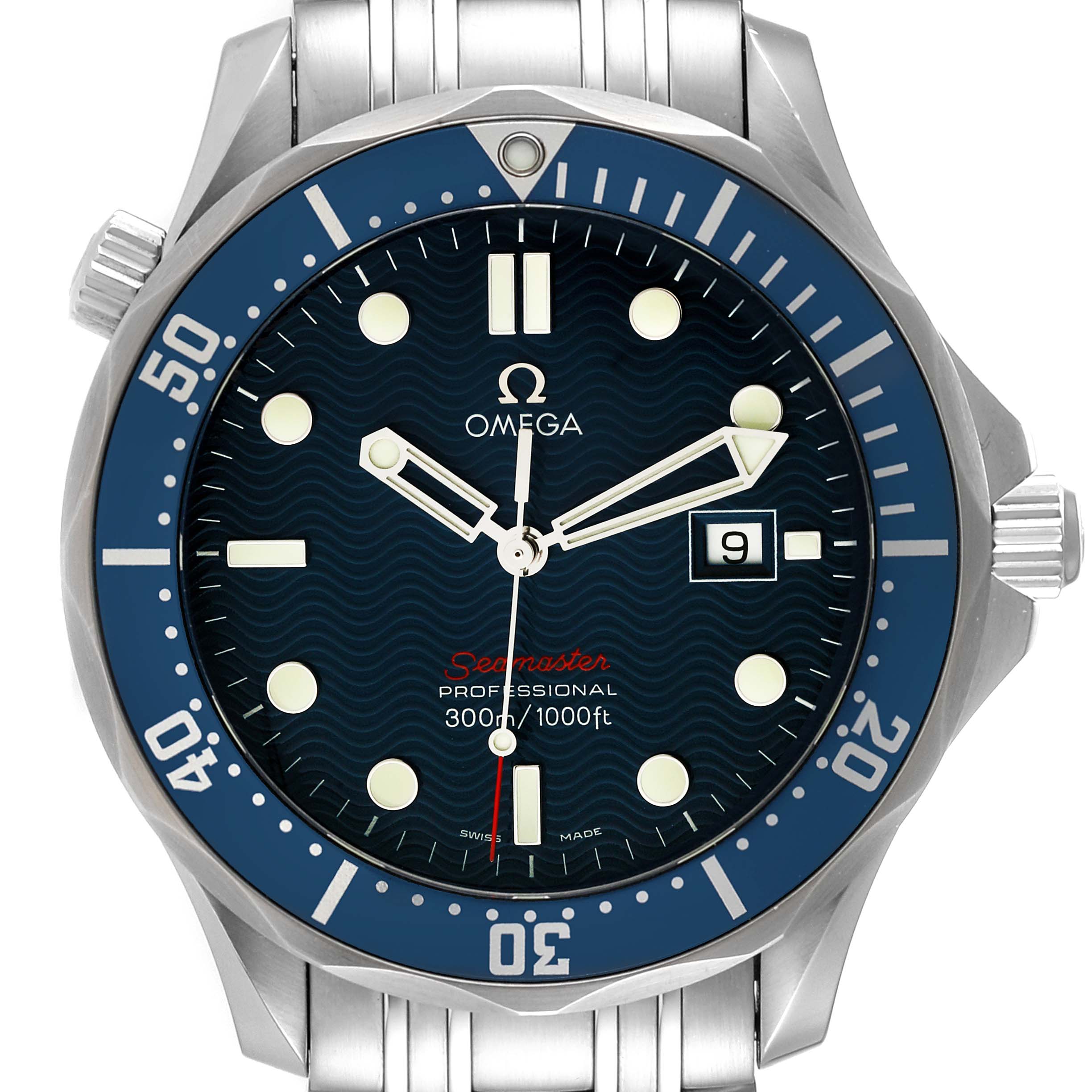 The image shows a frontal view of the Omega Seamaster 2221.80.00 Men's Stainless Steel Blue Dial 2221.80.00 Men's Stainless Steel Blue Dial watch, highlighting the dial, bezel, and part of the stainless steel bracelet.