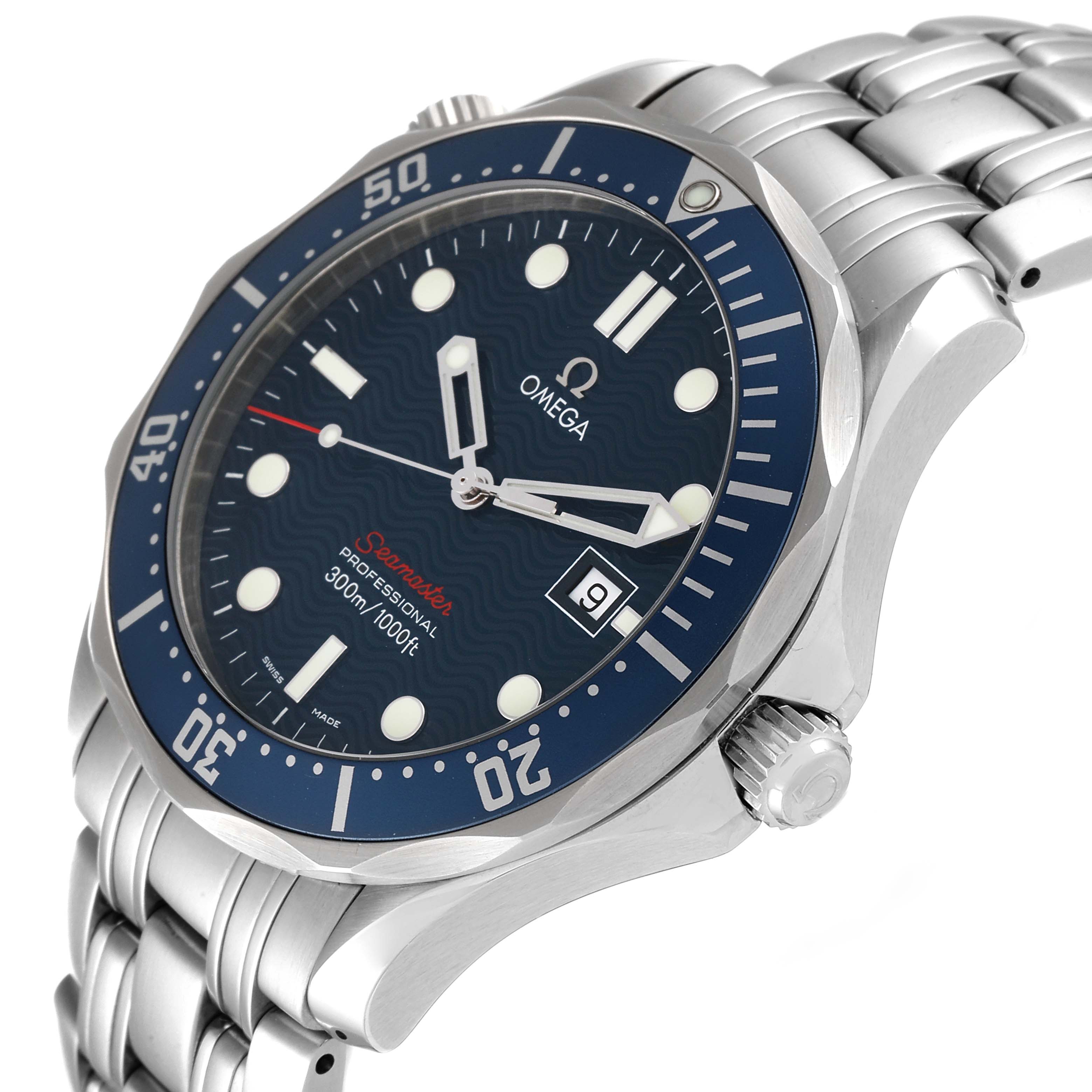 This Omega Seamaster 2221.80.00 Men's Stainless Steel Blue Dial 2221.80.00 Men's Stainless Steel Blue Dial watch is shown at an angled view, highlighting the dial, bezel, crown, and part of the bracelet.