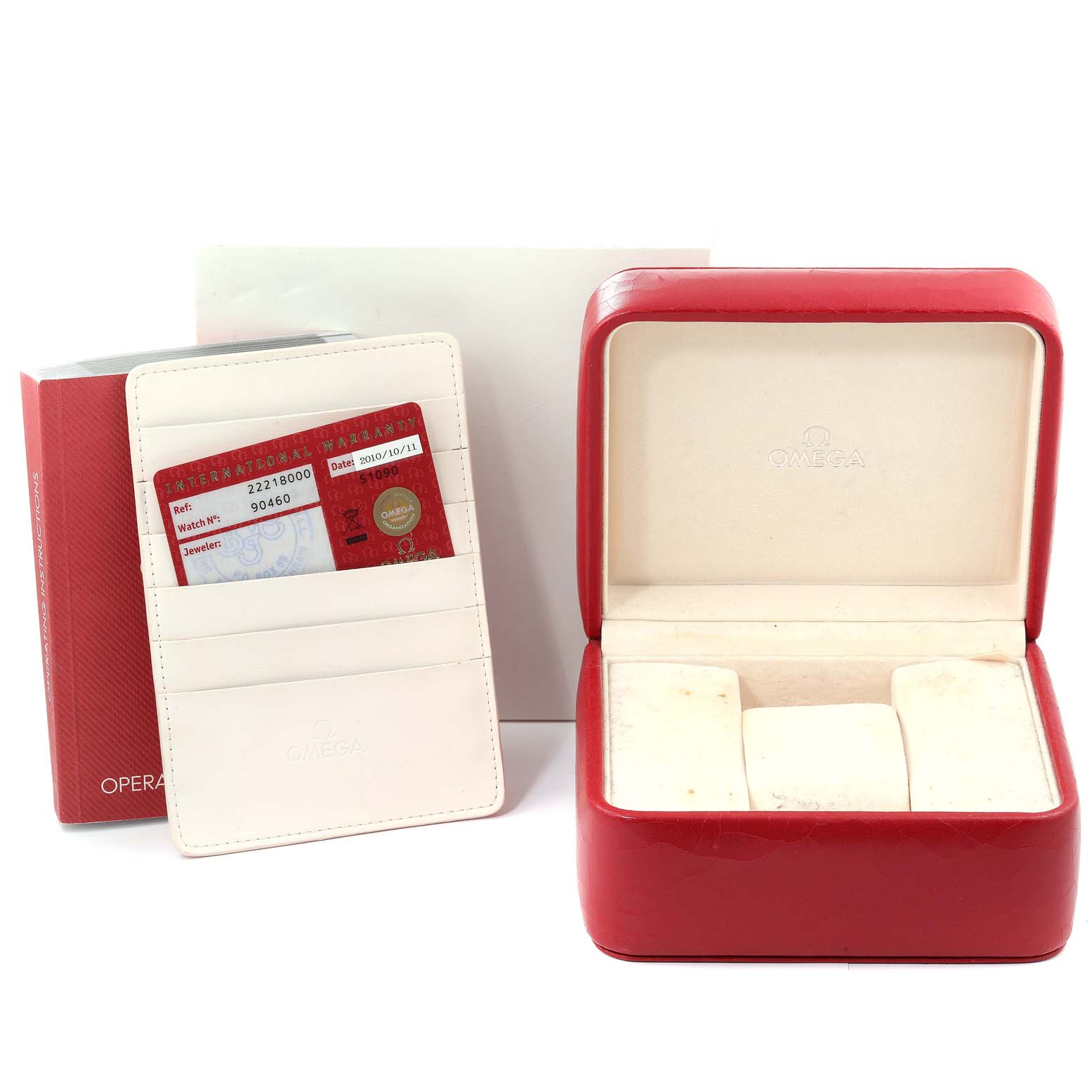 The image shows the box, cardholder, and documentation for an Omega Seamaster 2221.80.00 Men's Stainless Steel Blue Dial 2221.80.00 Men's Stainless Steel Blue Dial watch from a front angle.