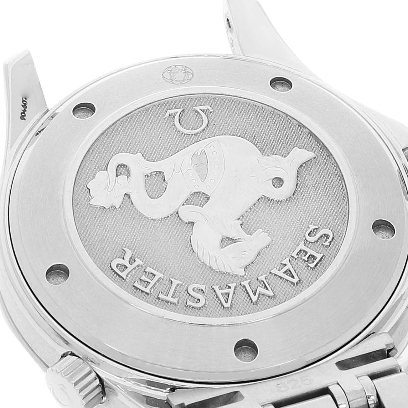 The image shows the back case of an Omega Seamaster 2221.80.00 Men's Stainless Steel Blue Dial 2221.80.00 Men's Stainless Steel Blue Dial watch, highlighting the engraved logo and text.