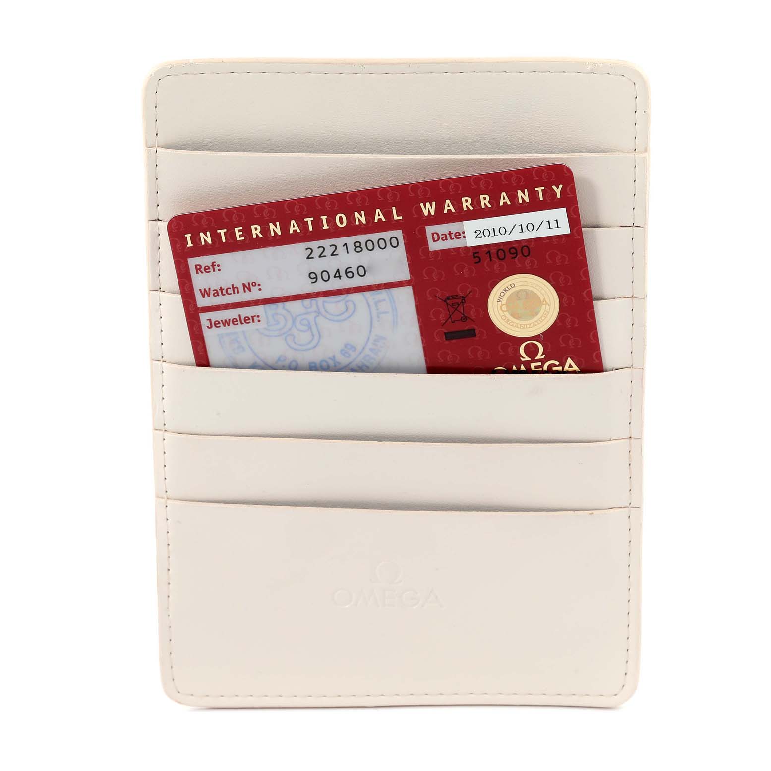 The image shows an Omega Seamaster 2221.80.00 Men's Stainless Steel Blue Dial 2221.80.00 Men's Stainless Steel Blue Dial International Warranty card in a white cardholder.