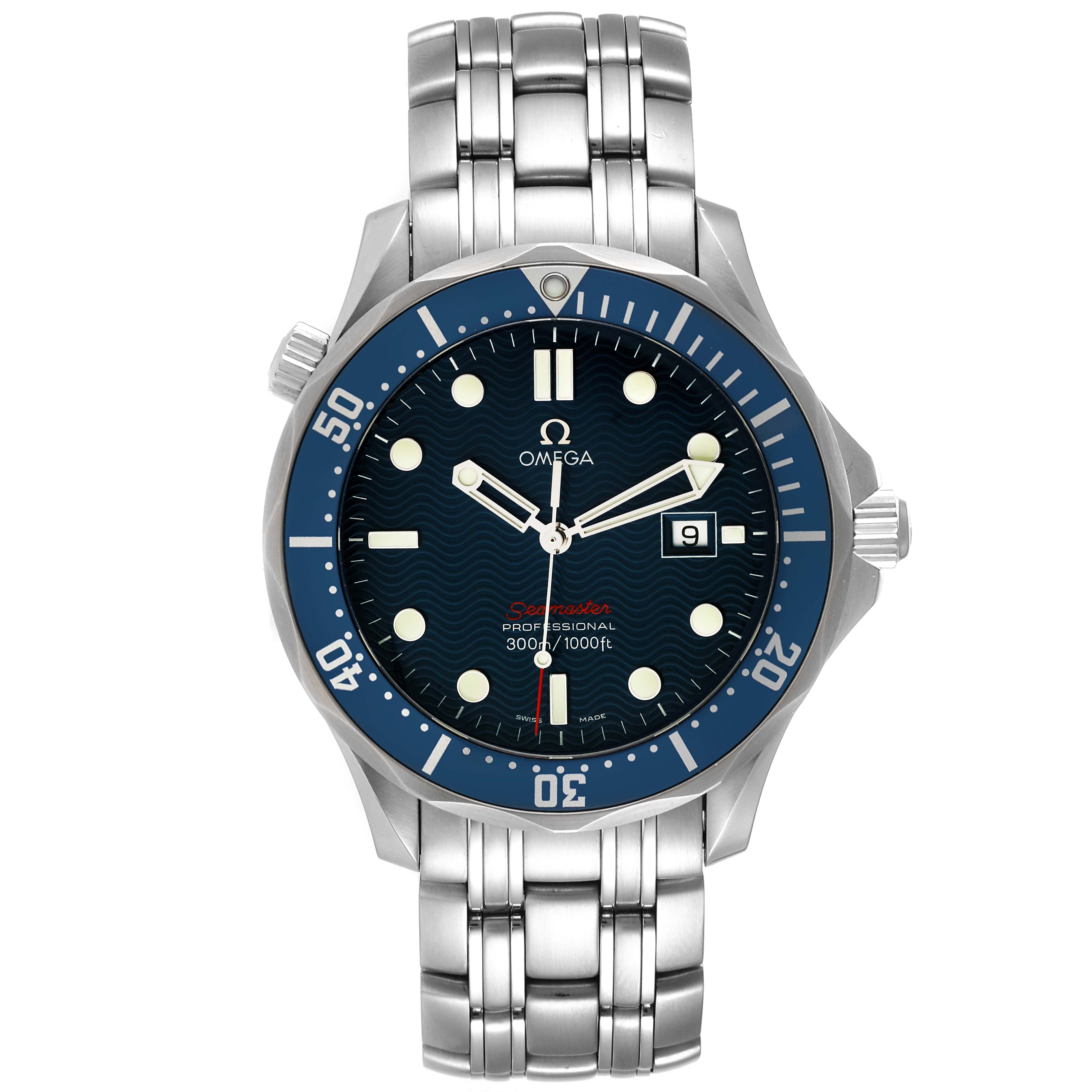 The image shows a front view of an Omega Seamaster 2221.80.00 Men's Stainless Steel Blue Dial 2221.80.00 Men's Stainless Steel Blue Dial watch, displaying its face, bezel, and stainless steel bracelet.