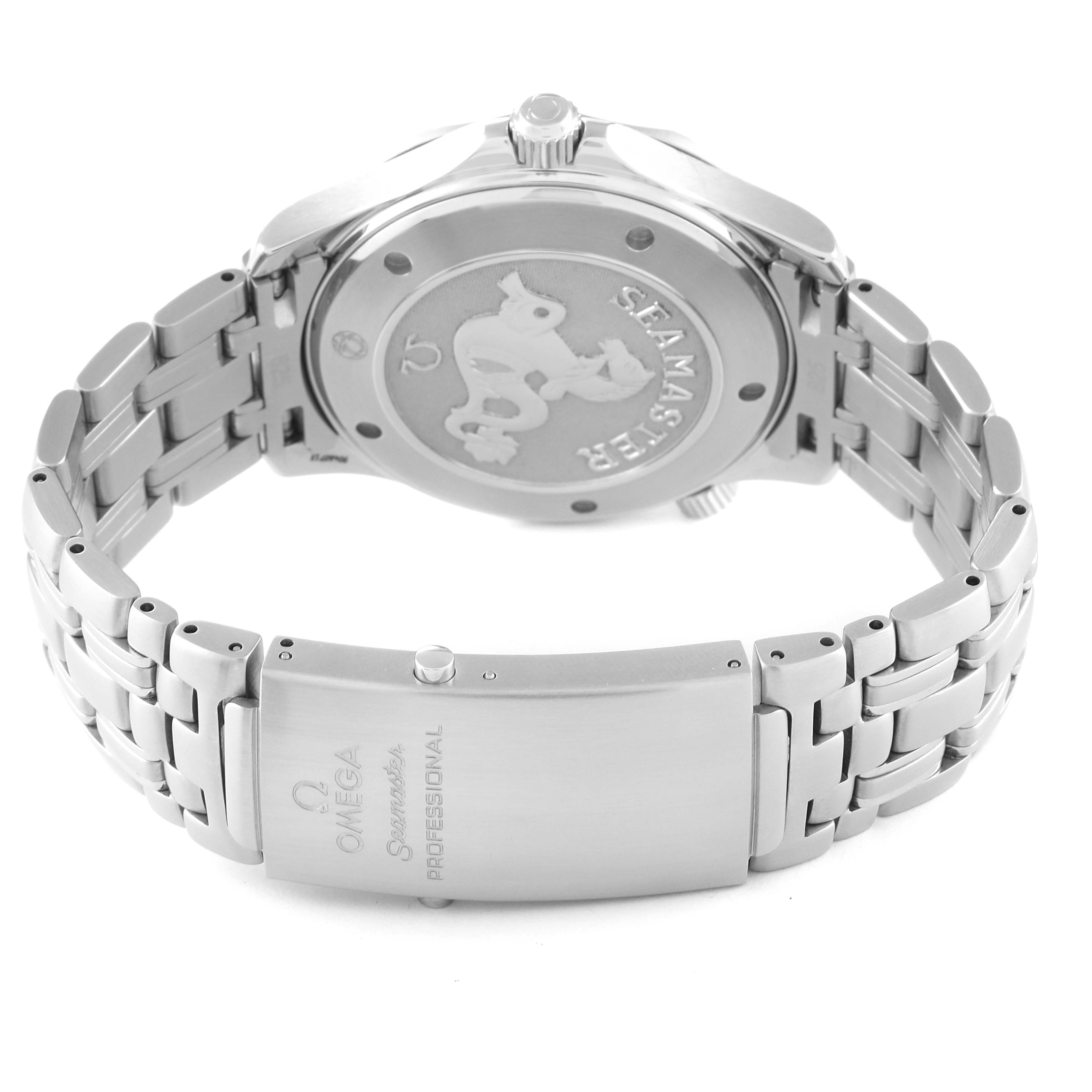 The image shows a rear view of an Omega Seamaster 2221.80.00 Men's Stainless Steel Blue Dial 2221.80.00 Men's Stainless Steel Blue Dial watch, displaying its metal bracelet and case back with the Seamaster engraving.