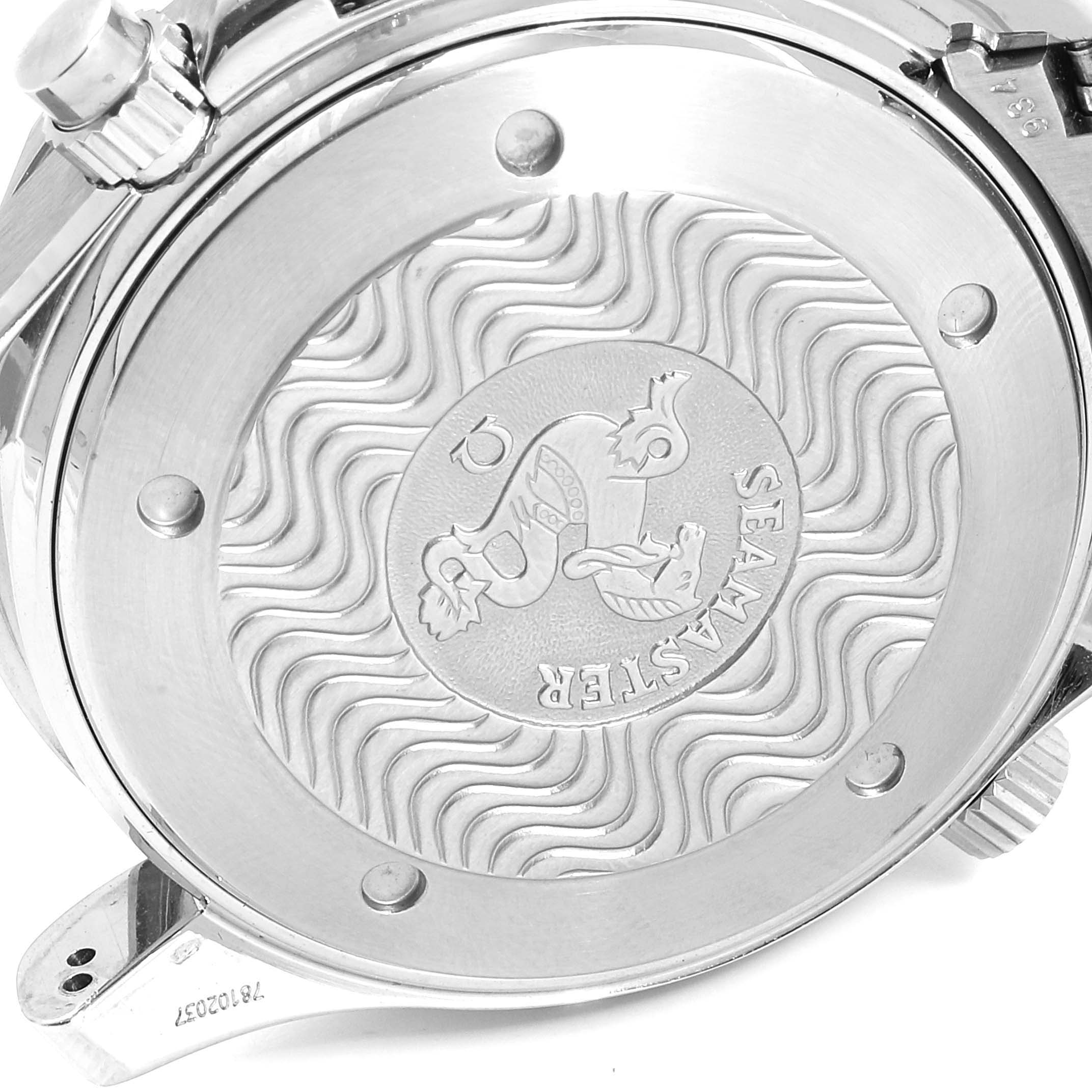 This image shows the engraved back case and crown of an Omega Seamaster 2594.52.00 Men's Stainless Steel Black Dial 2594.52.00 Men's Stainless Steel Black Dial watch.