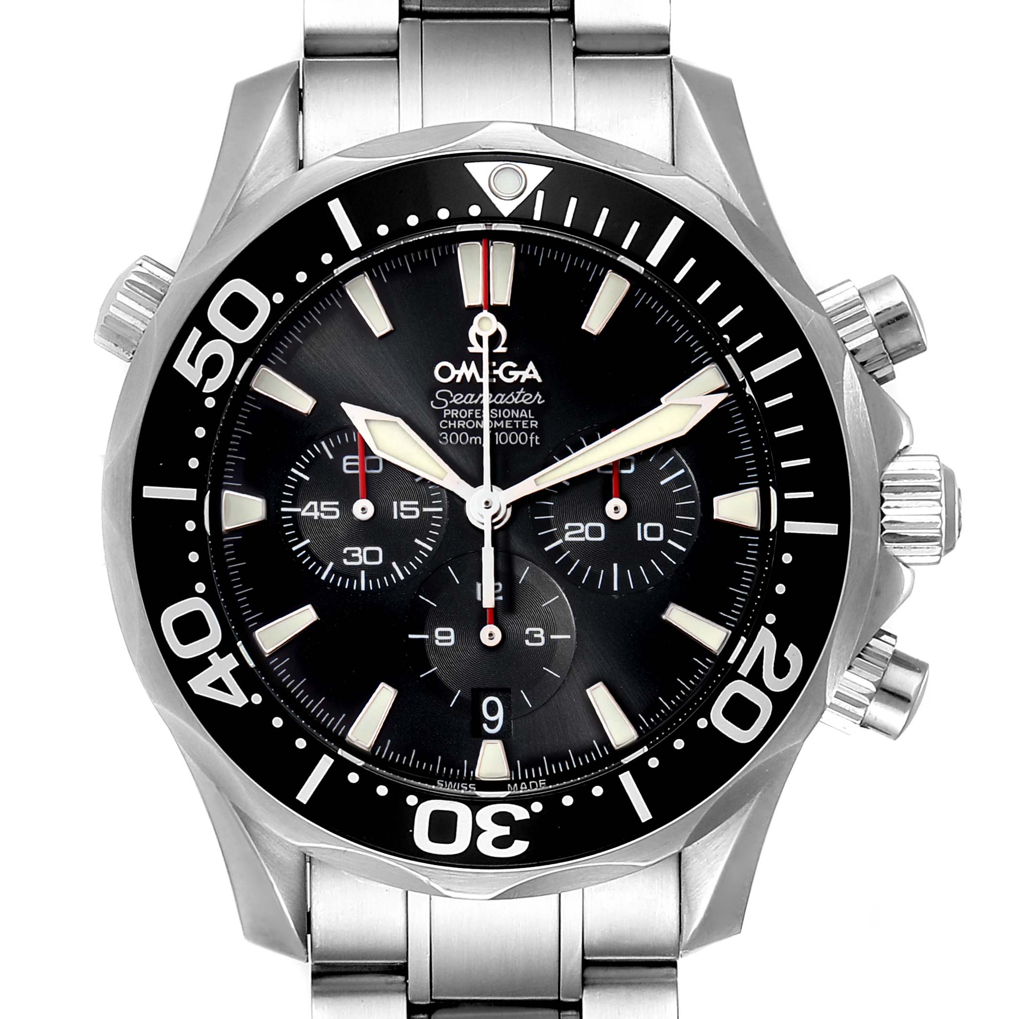 The image shows a front view of the Omega Seamaster 2594.52.00 Men's Stainless Steel Black Dial 2594.52.00 Men's Stainless Steel Black Dial watch, highlighting its dial, bezel, and stainless steel bracelet.