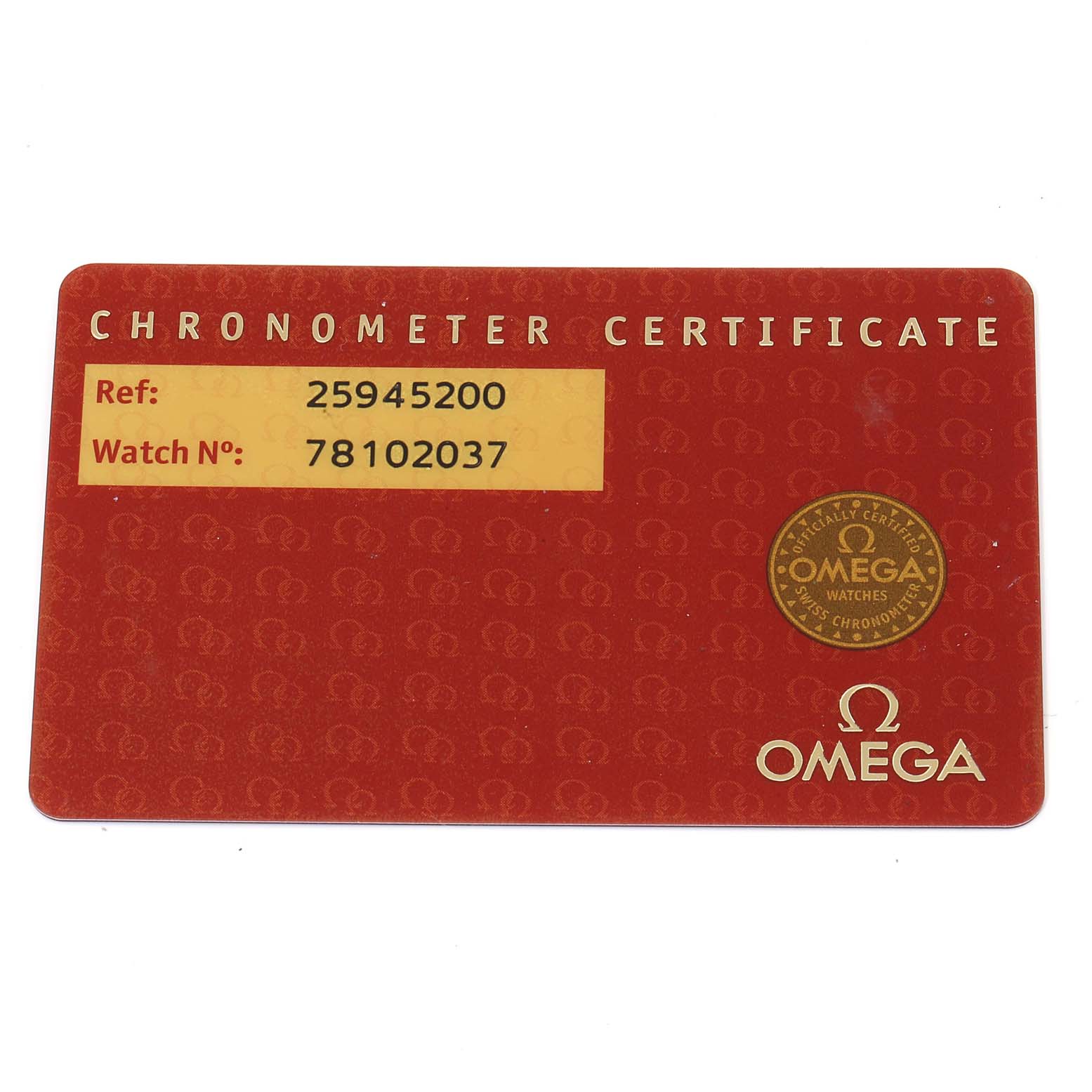 The image shows a red Chronometer Certificate card for the Omega Seamaster 2594.52.00 Men's Stainless Steel Black Dial 2594.52.00 Men's Stainless Steel Black Dial model, displaying the reference and watch number.
