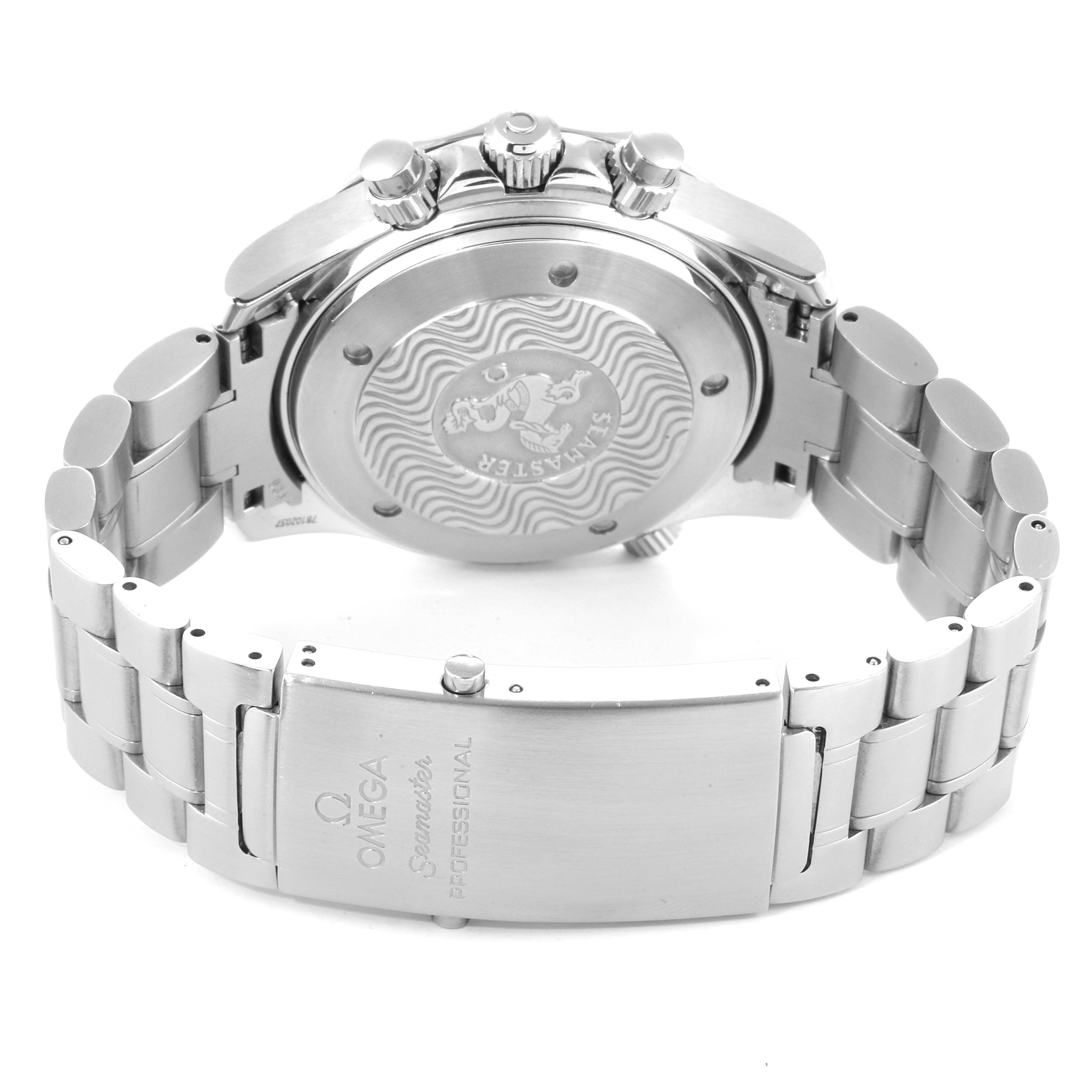 The image shows the back case and bracelet of an Omega Seamaster 2594.52.00 Men's Stainless Steel Black Dial 2594.52.00 Men's Stainless Steel Black Dial watch, viewed from an angled rear perspective.