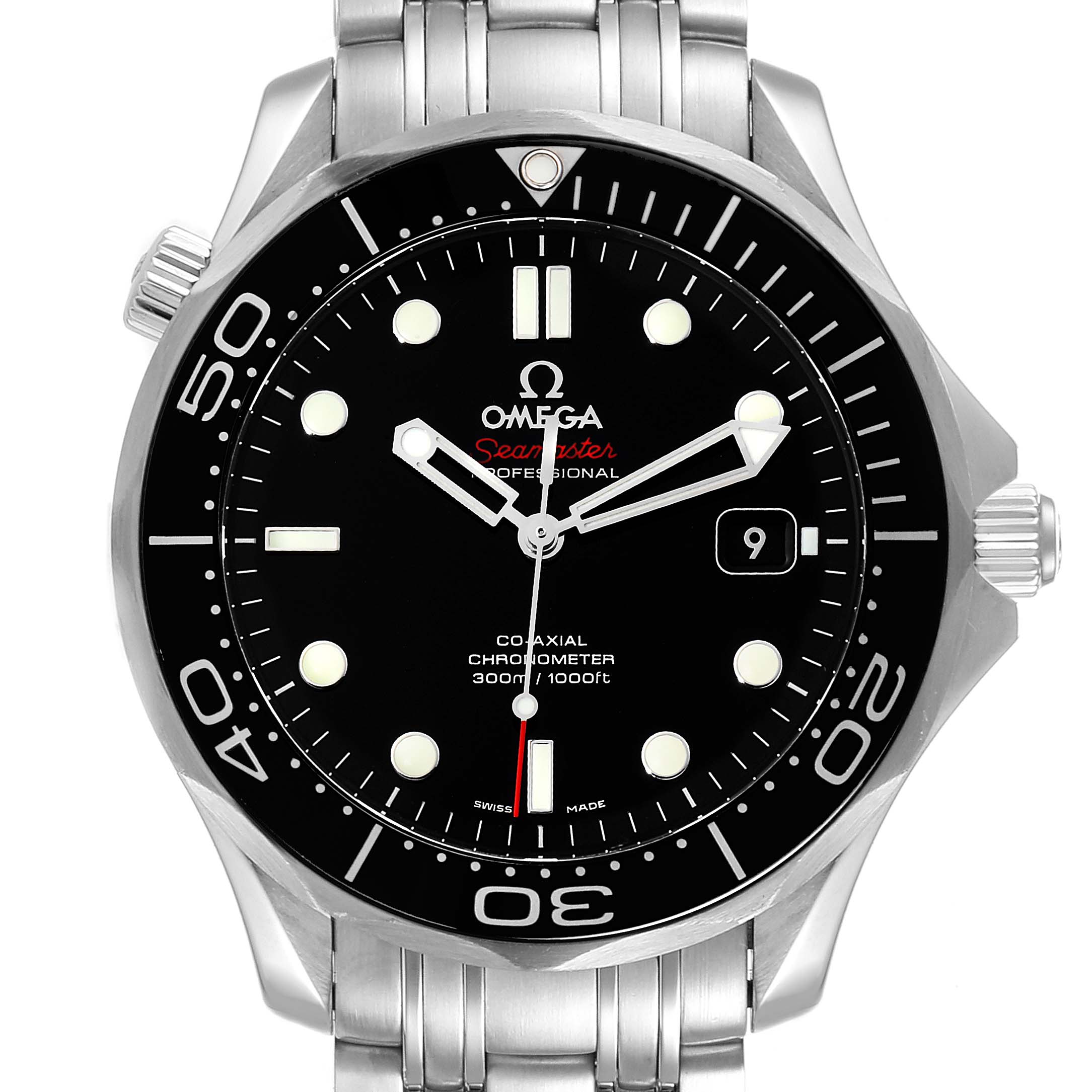 The image displays the entire face and bracelet of the Omega Seamaster 212.30.41.20.01.003 Men's Stainless Steel Black Dial 212.30.41.20.01.003 Men's Stainless Steel Black Dial watch from a front angle.