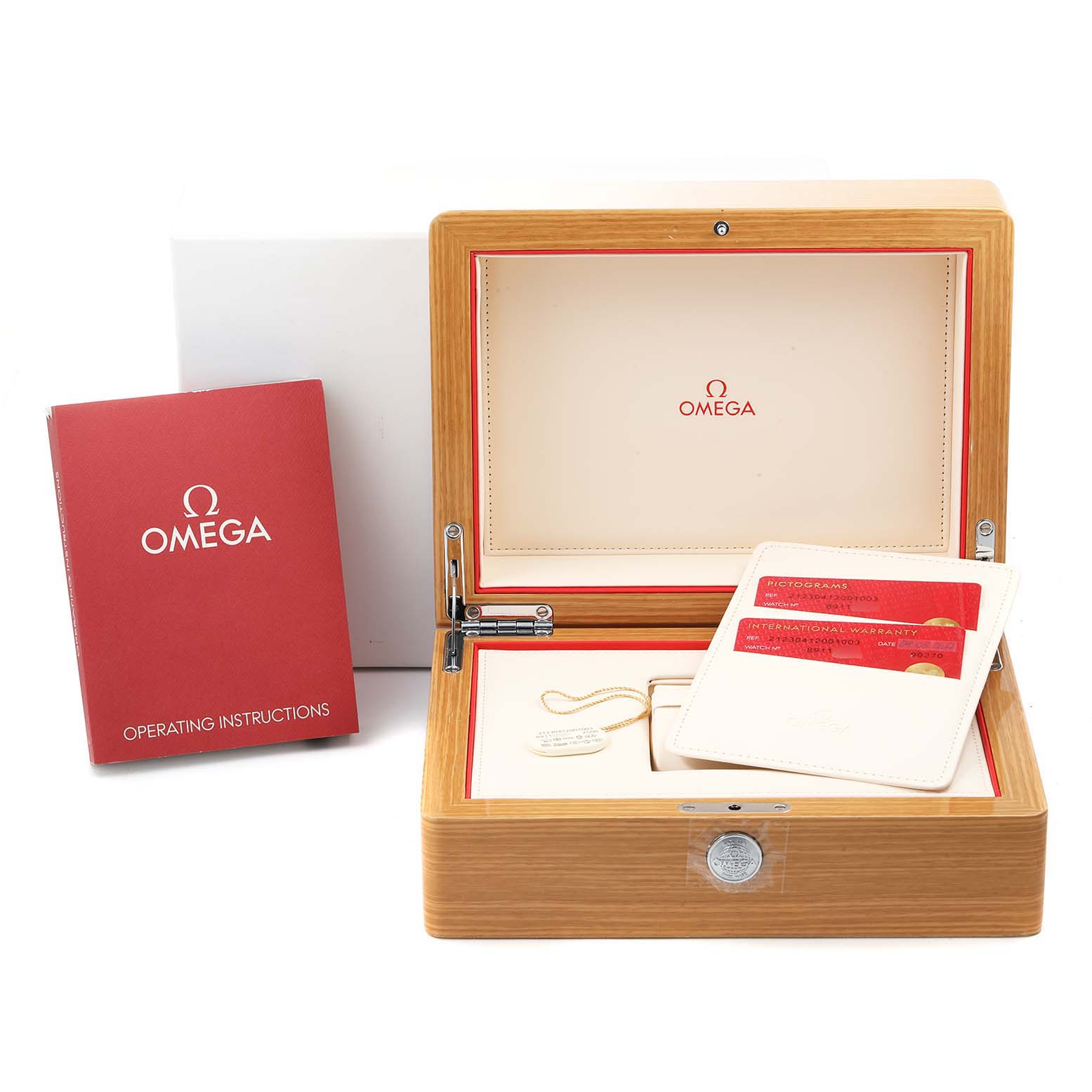 The image shows an Omega Seamaster 212.30.41.20.01.003 Men's Stainless Steel Black Dial 212.30.41.20.01.003 Men's Stainless Steel Black Dial watch box with the operating instructions booklet and warranty cards.