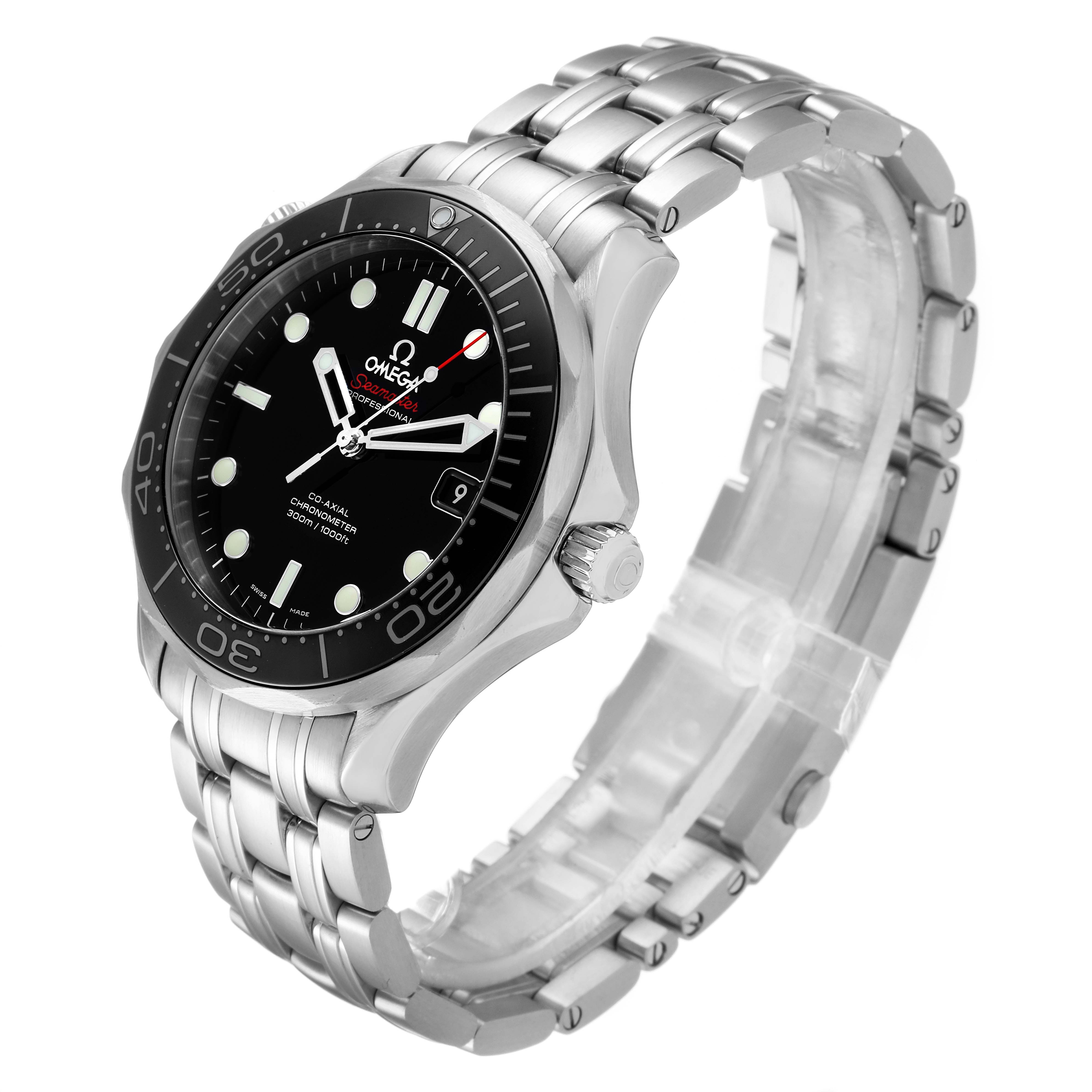 The Omega Seamaster 212.30.41.20.01.003 Men's Stainless Steel Black Dial 212.30.41.20.01.003 Men's Stainless Steel Black Dial watch is shown from a front angle, displaying its face, bezel, crown, and metal bracelet.