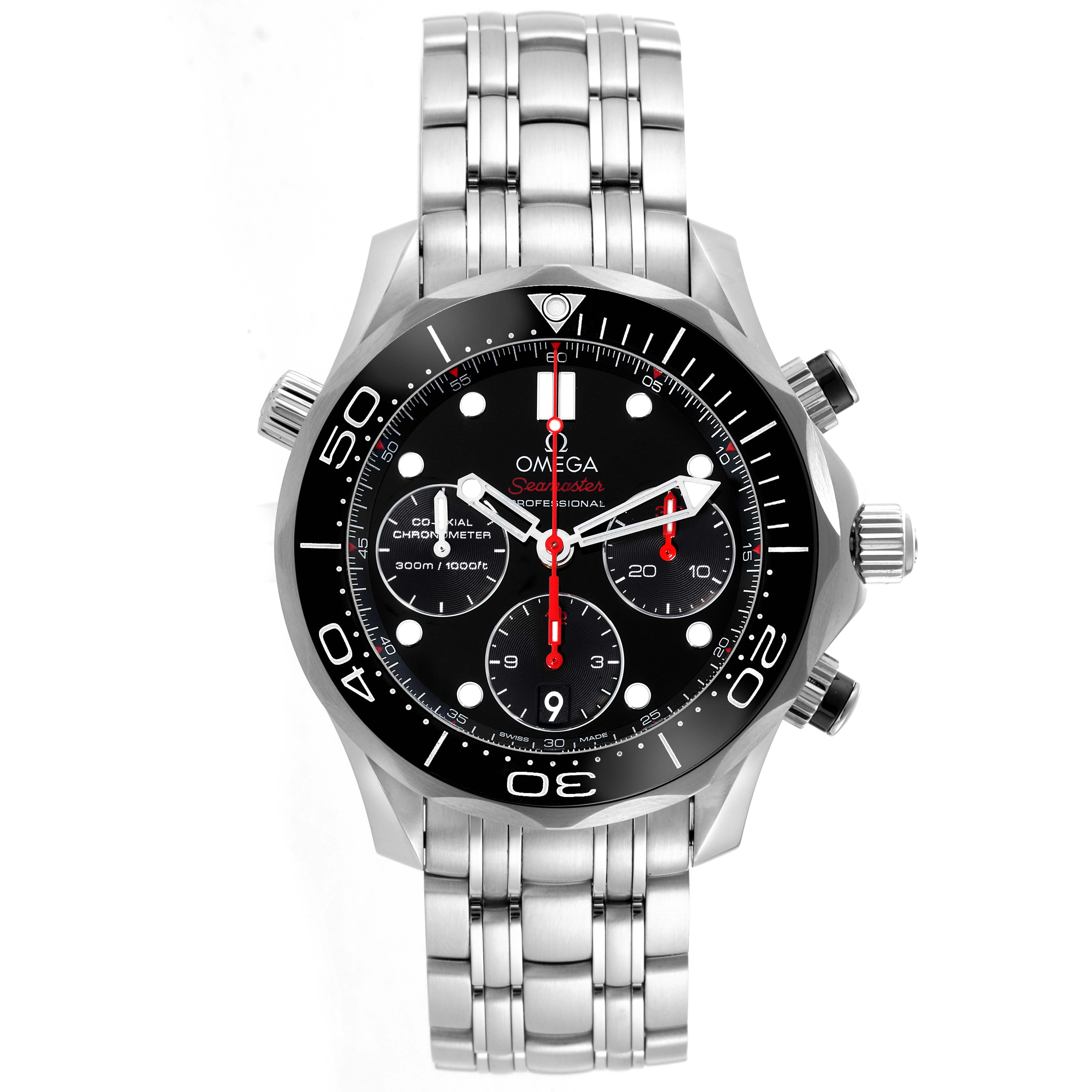 The Omega Seamaster 212.30.42.50.01.001 Men
s Stainless Steel Black Dial 212.30.42.50.01.001 Men
s Stainless Steel Black Dial watch is shown from a top-down angle, displaying its face, bezel, crown, pushers, and stainless steel bracelet.