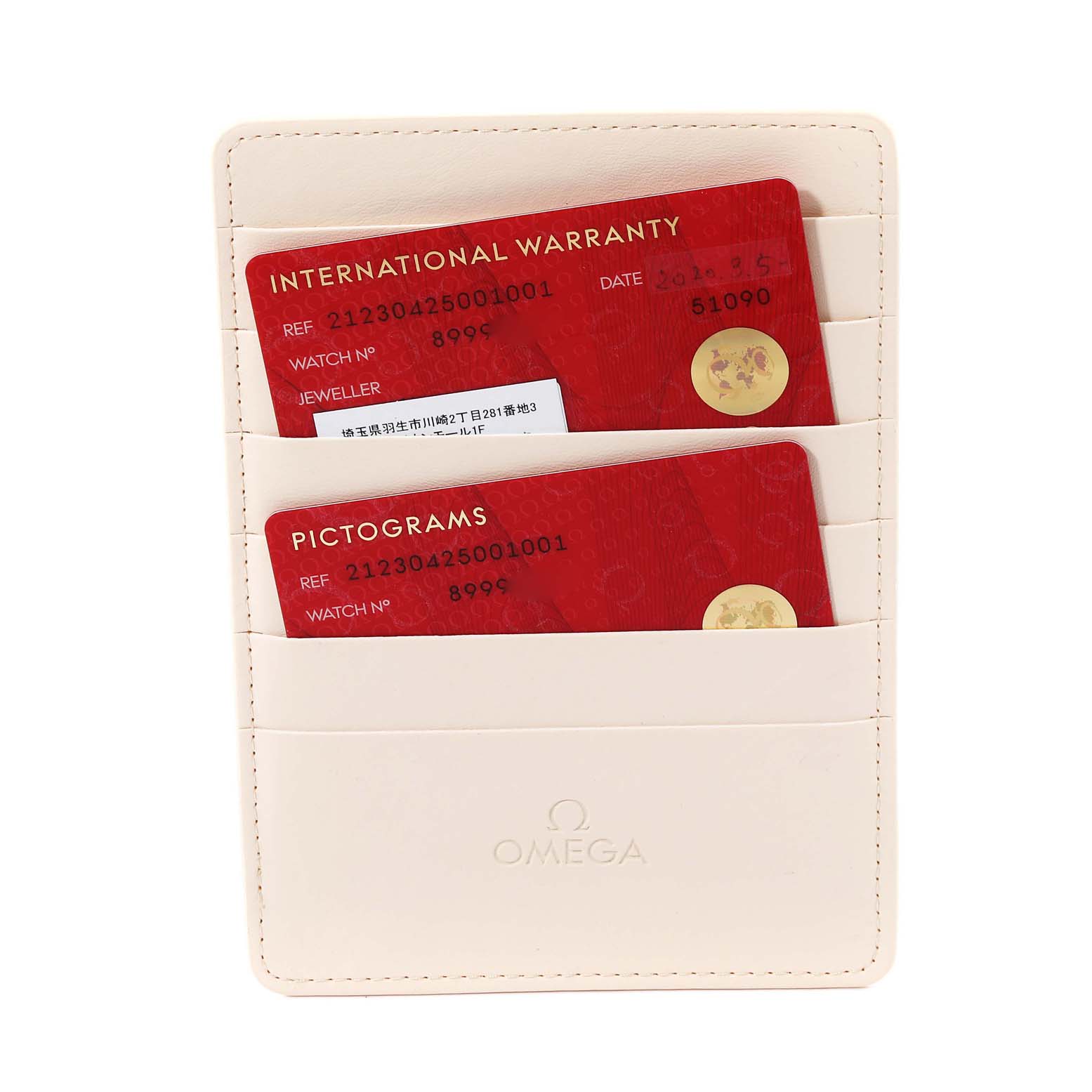 The image shows the warranty and pictograms cards for an Omega Seamaster 212.30.42.50.01.001 Men
s Stainless Steel Black Dial 212.30.42.50.01.001 Men
s Stainless Steel Black Dial watch in a leather holder.