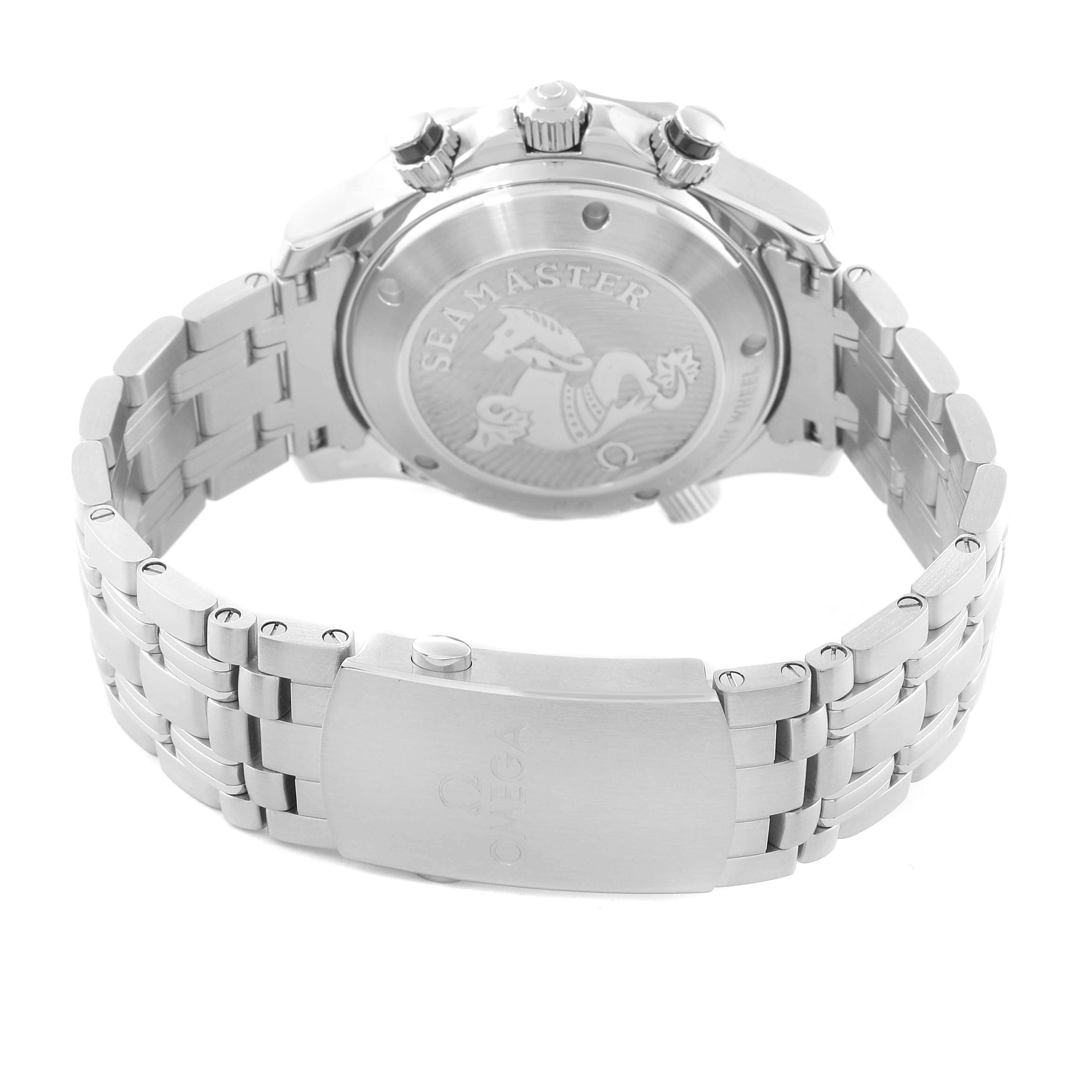 The image shows the back view of an Omega Seamaster 212.30.42.50.01.001 Men
s Stainless Steel Black Dial 212.30.42.50.01.001 Men
s Stainless Steel Black Dial watch focusing on the case back, bracelet, and clasp.