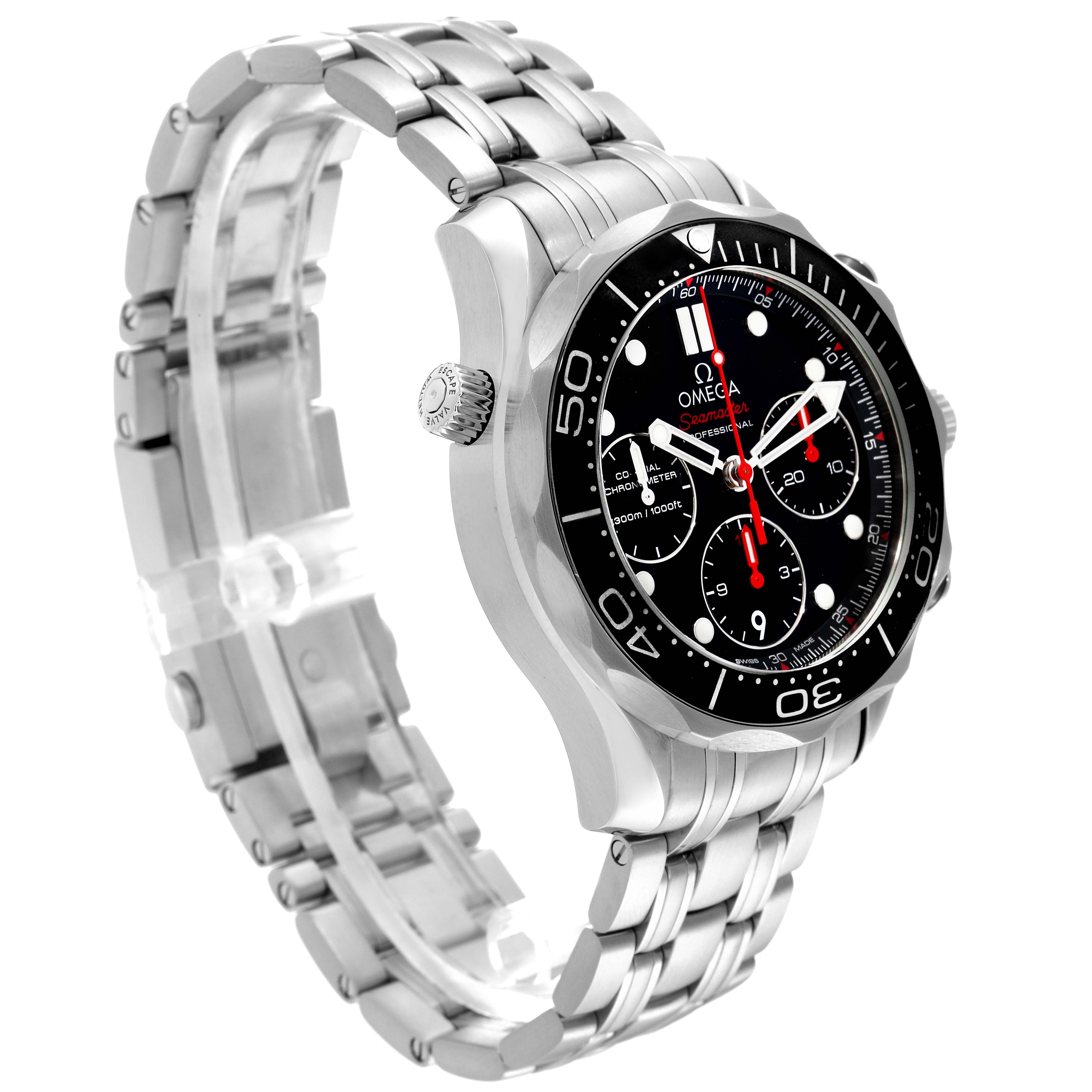 The Omega Seamaster 212.30.42.50.01.001 Men
s Stainless Steel Black Dial 212.30.42.50.01.001 Men
s Stainless Steel Black Dial watch is shown at a front-left angle, highlighting its bezel, crown, and bracelet.