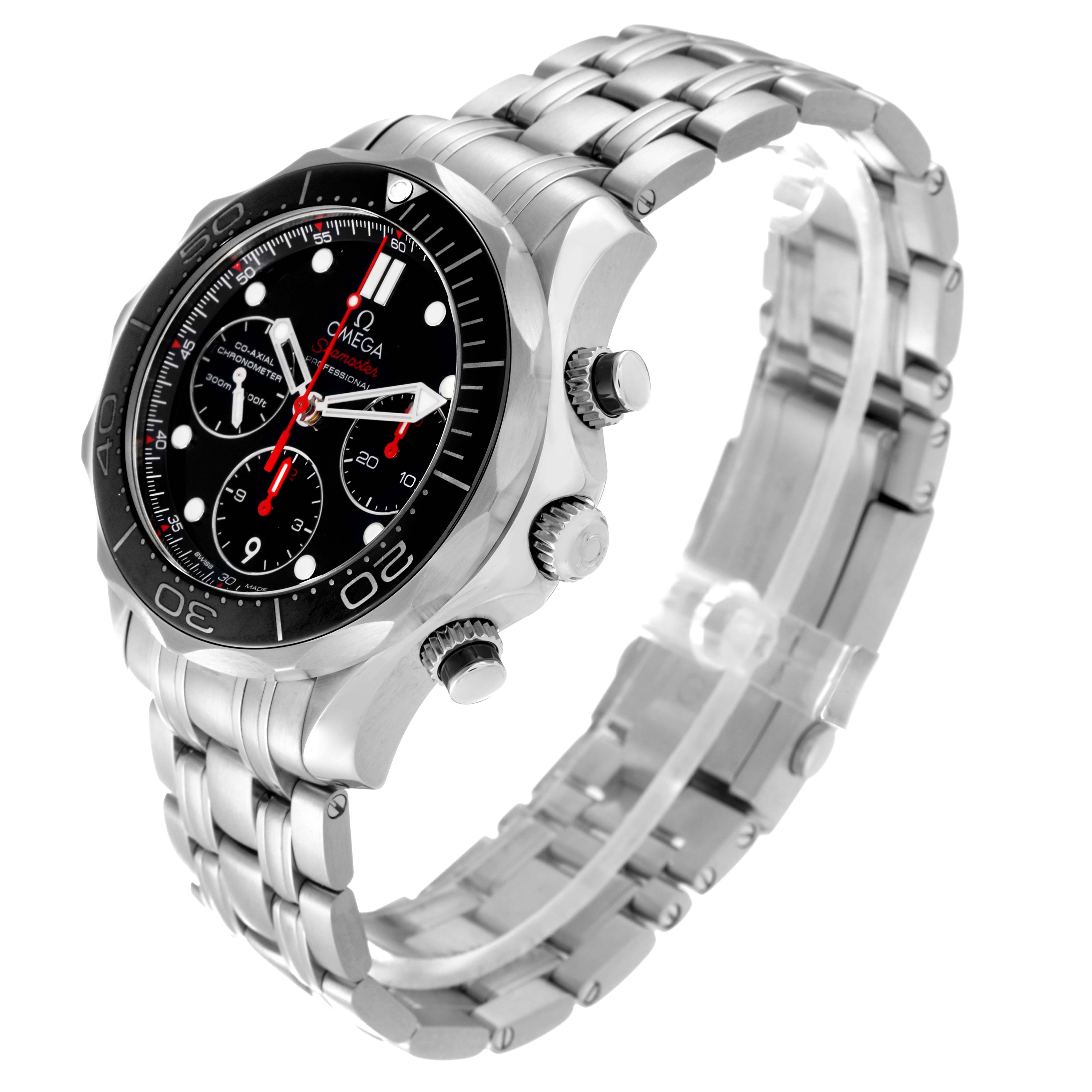 The Omega Seamaster 212.30.42.50.01.001 Men
s Stainless Steel Black Dial 212.30.42.50.01.001 Men
s Stainless Steel Black Dial watch is shown at a side angle, highlighting its stainless steel bracelet, crown, and pushers.