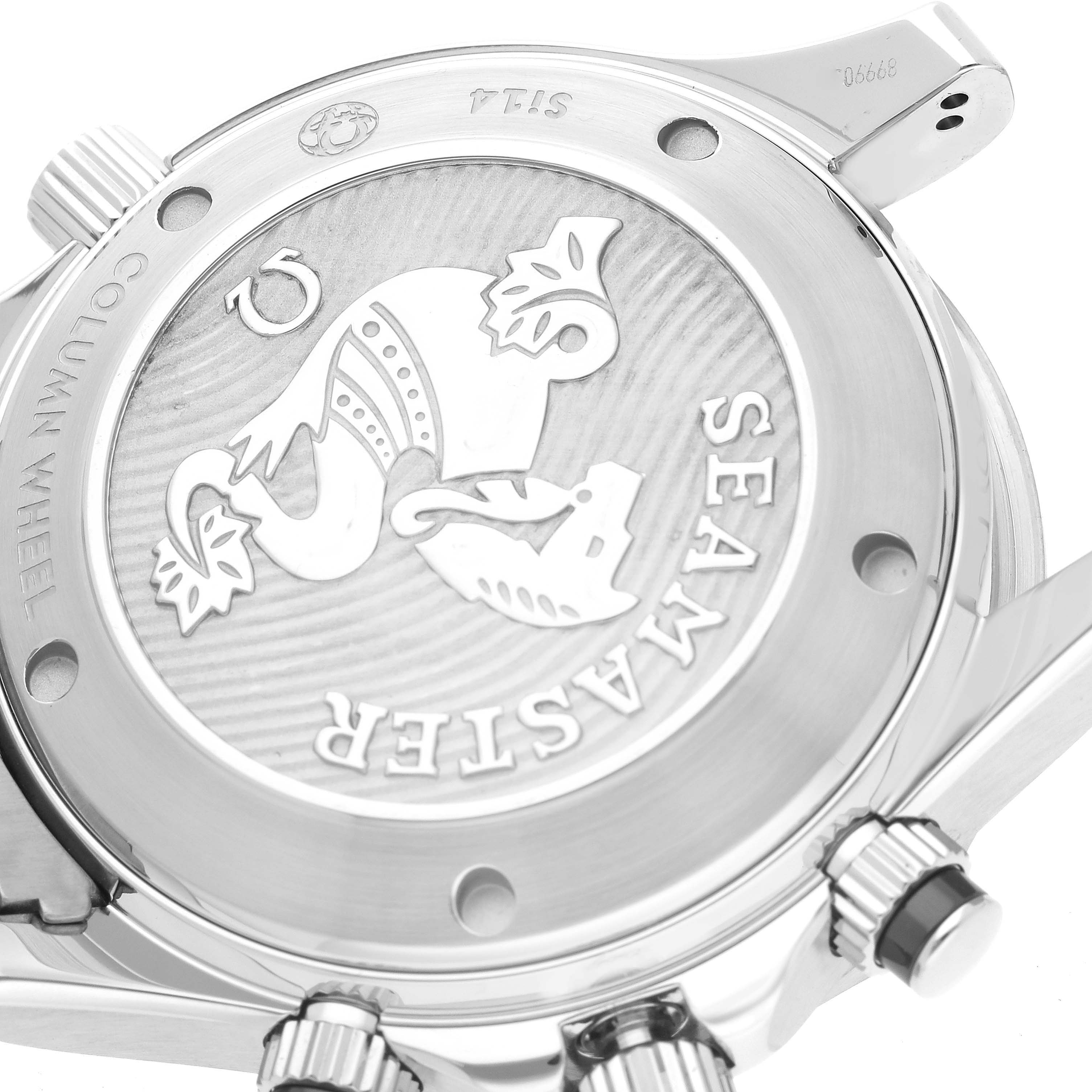 The image shows the case back and crown of an Omega Seamaster 212.30.42.50.01.001 Men
s Stainless Steel Black Dial 212.30.42.50.01.001 Men
s Stainless Steel Black Dial watch, highlighting its engraved logo and inscriptions.