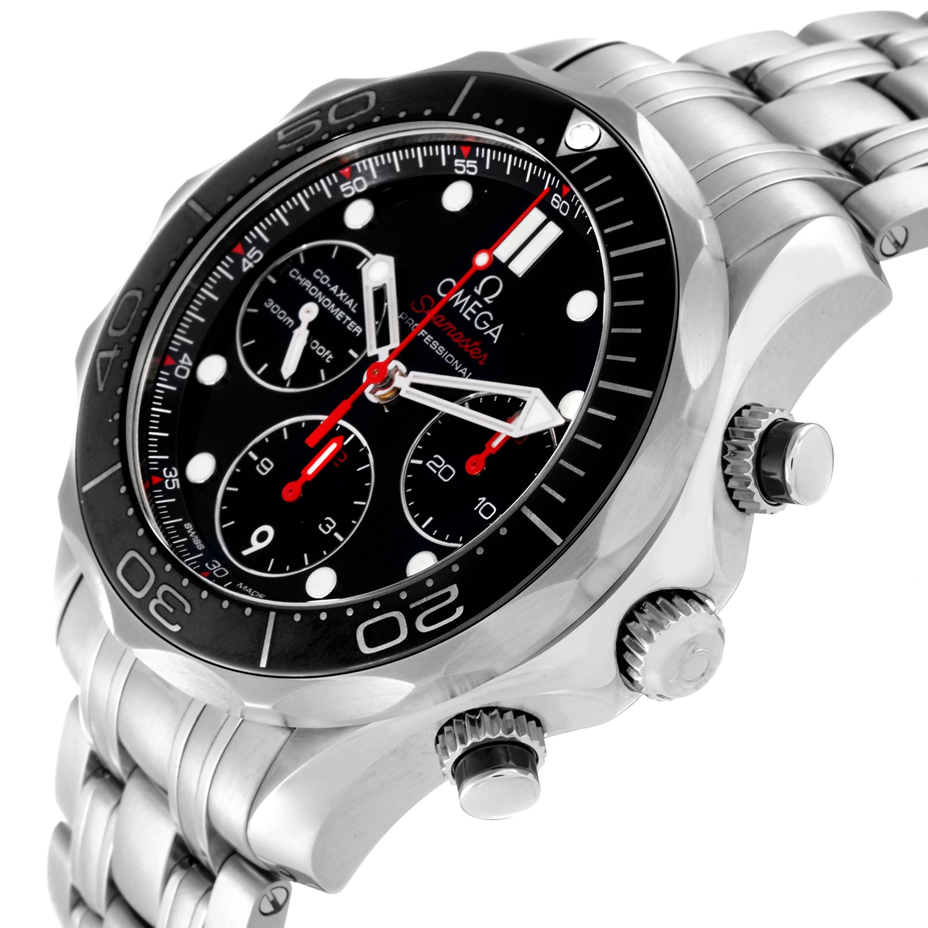 The image shows a close-up, angled view of the Omega Seamaster 212.30.42.50.01.001 Men
s Stainless Steel Black Dial 212.30.42.50.01.001 Men
s Stainless Steel Black Dial watch, highlighting the face, bezel, crown, and part of the bracelet.