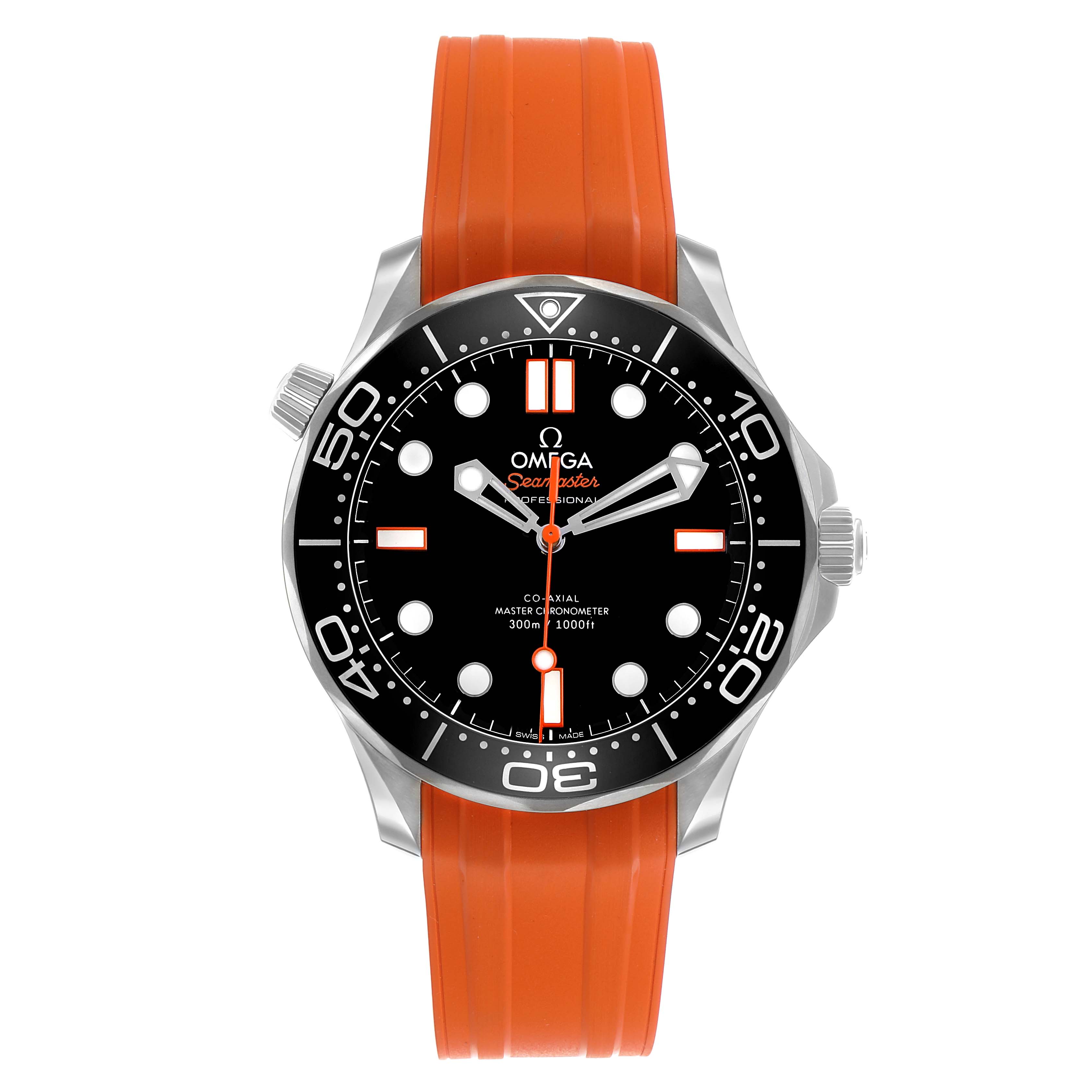 The Omega Seamaster 210.32.42.20.01.006 Men's Stainless Steel Black Dial watch is shown from the front angle, featuring an orange strap and black dial with distinctive markings.