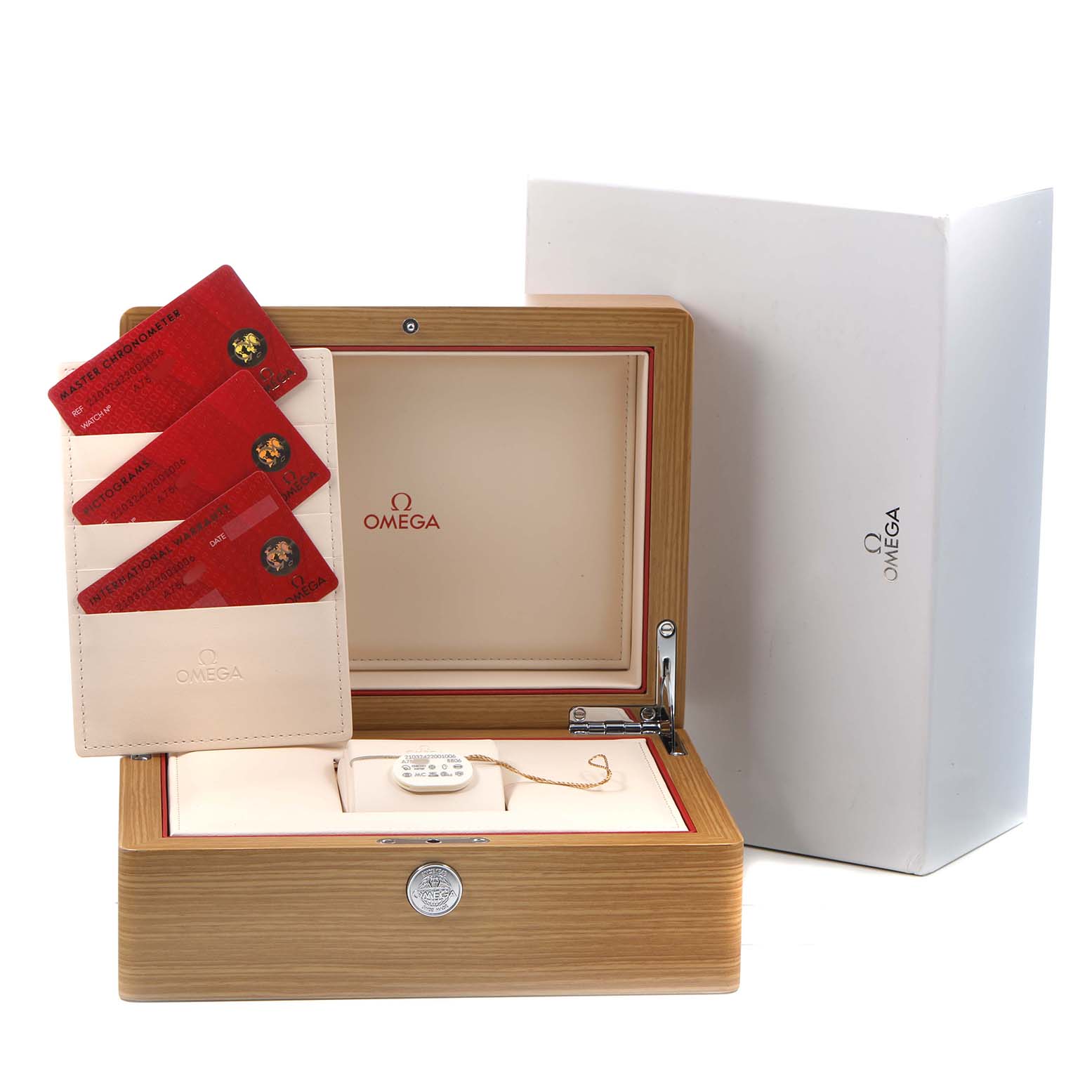 The image shows an Omega Seamaster 210.32.42.20.01.006 Men's Stainless Steel Black Dial watch box, authenticity cards, and a white protective sleeve, viewed from the front.