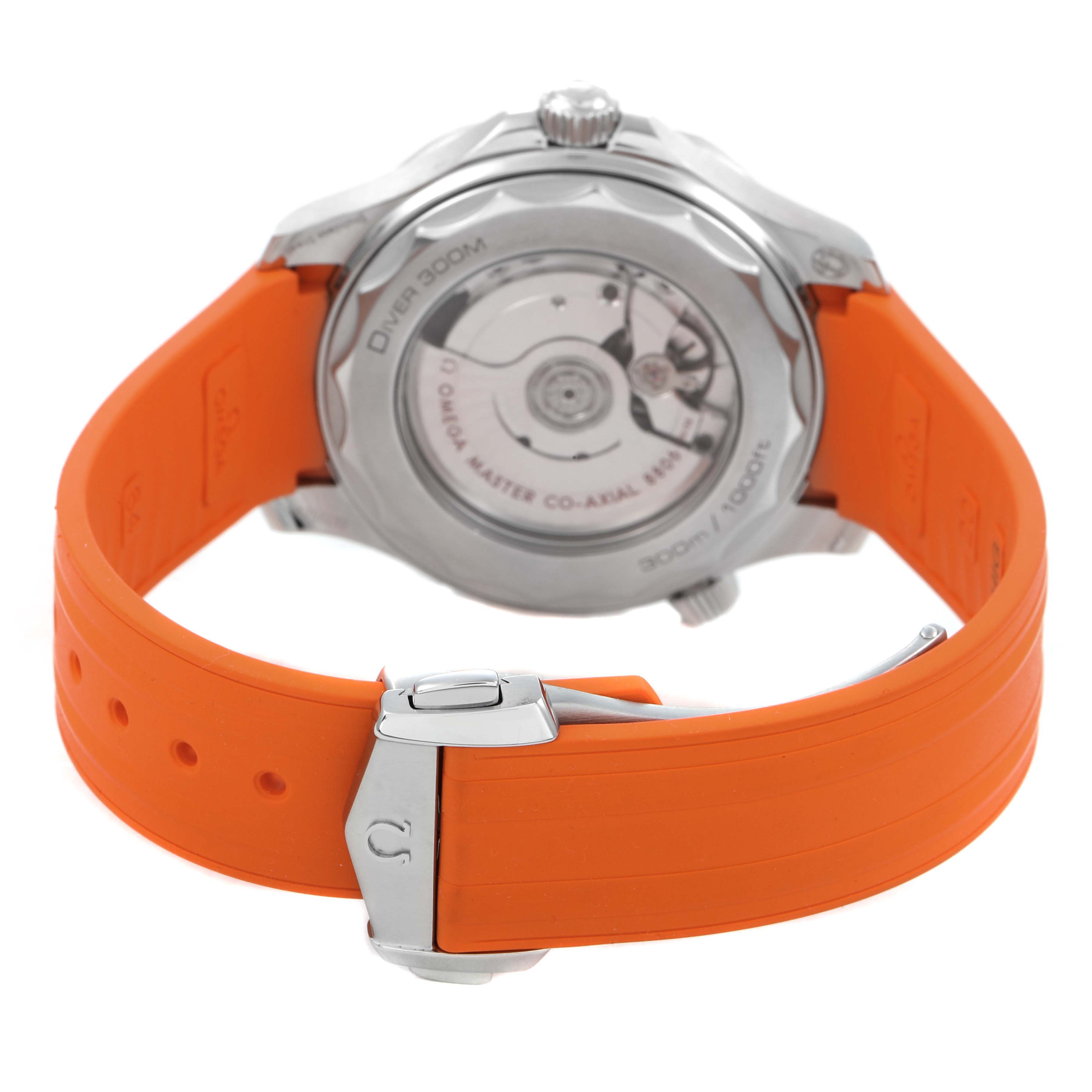 The image shows the back view of the Omega Seamaster 210.32.42.20.01.006 Men's Stainless Steel Black Dial watch with an orange strap and visible clasp.